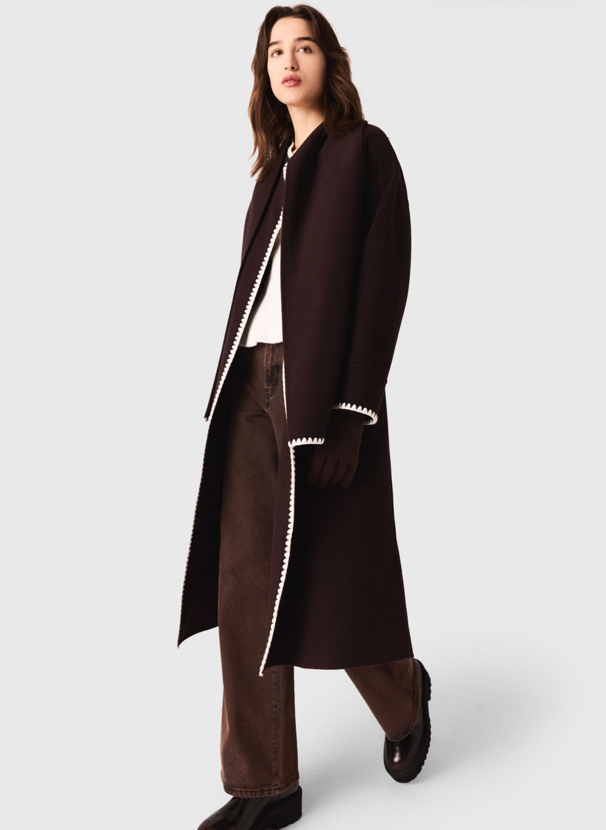 Manteau long double face brodé en laine mélangée MAJE Marron