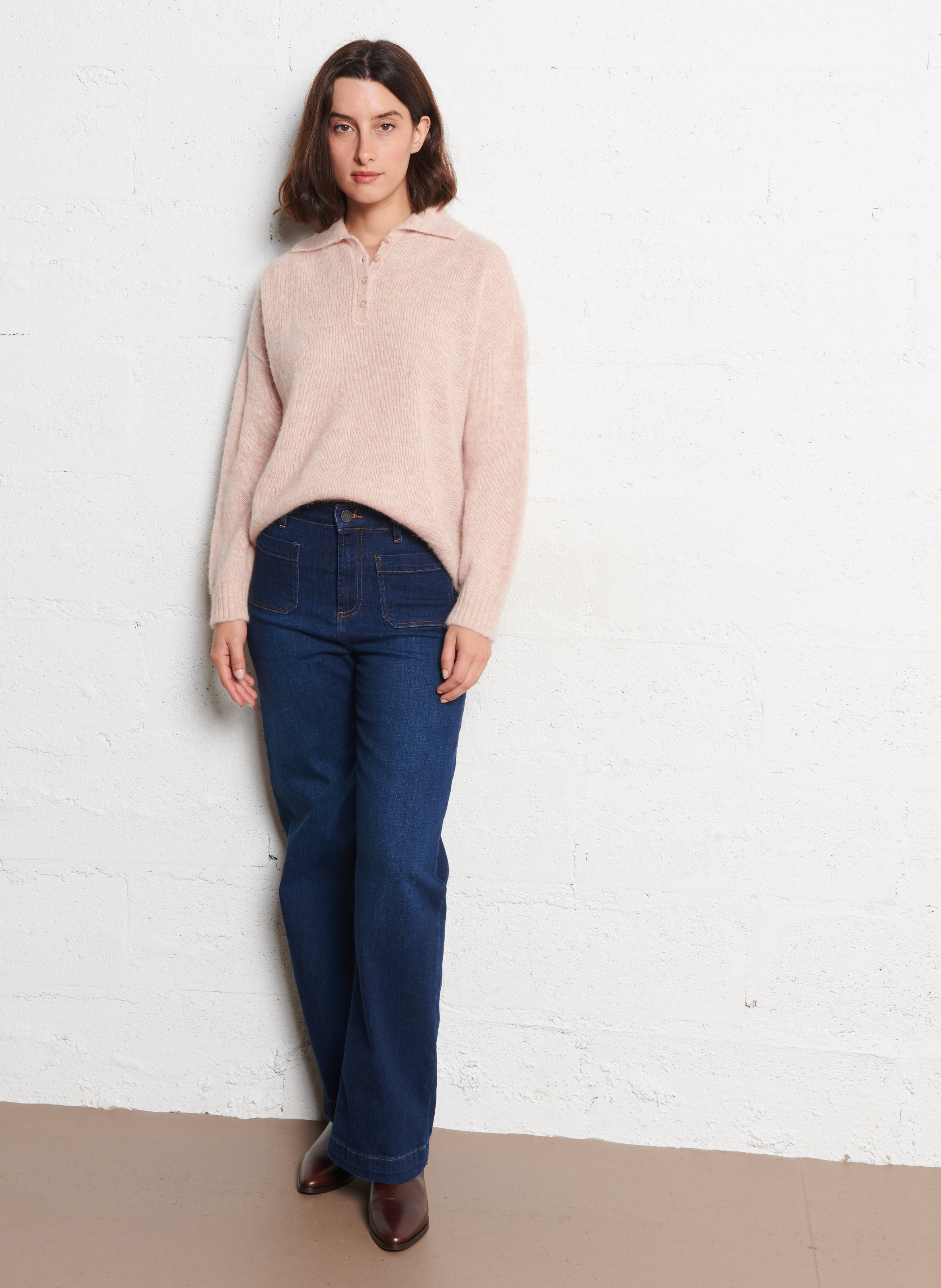 Pull ample col polo en laine mélangée DES PETITS HAUTS Rose