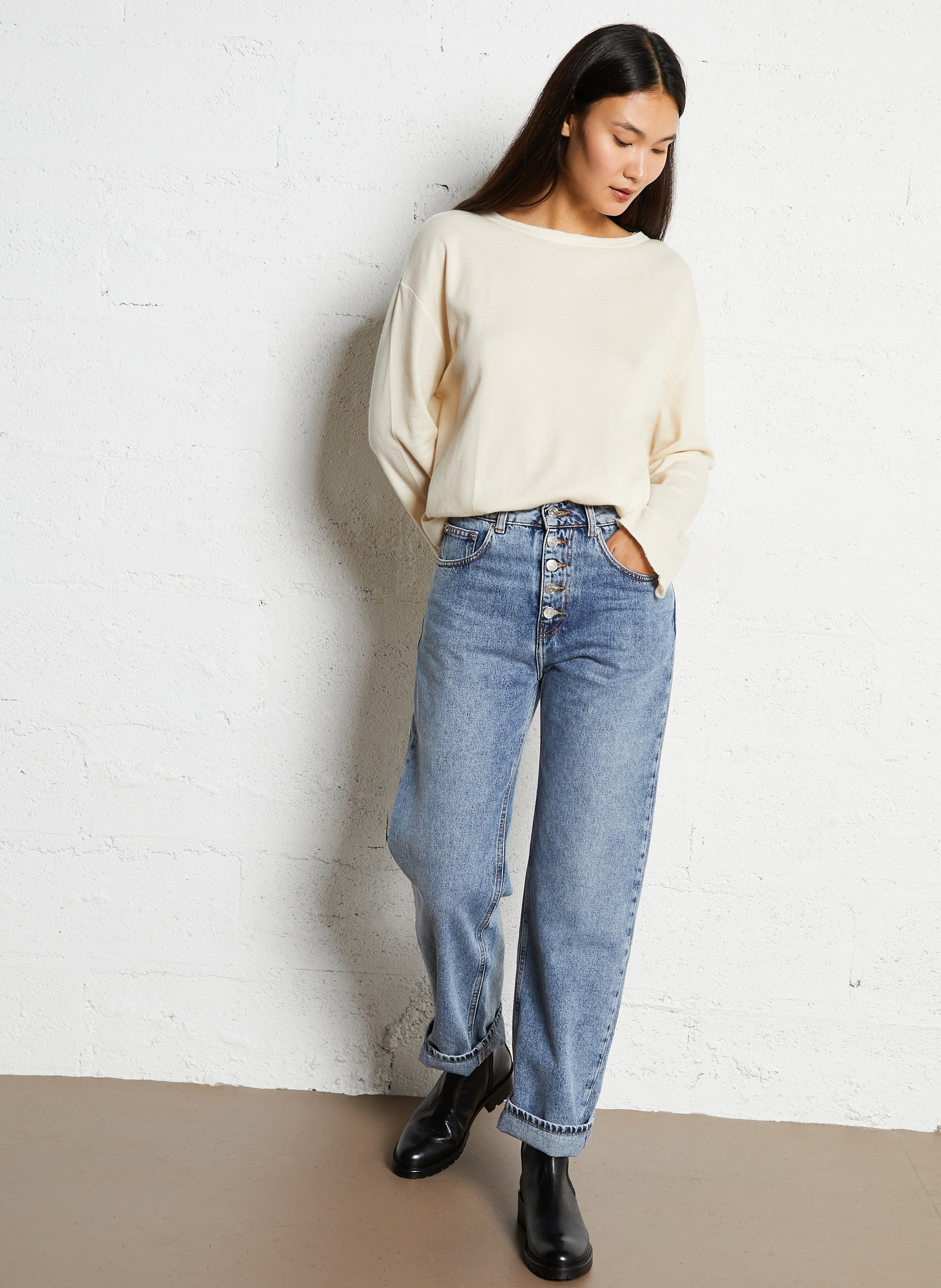 Tee-shirt droit col bateau en coton bio et cachemire MAJESTIC FILATURES Beige