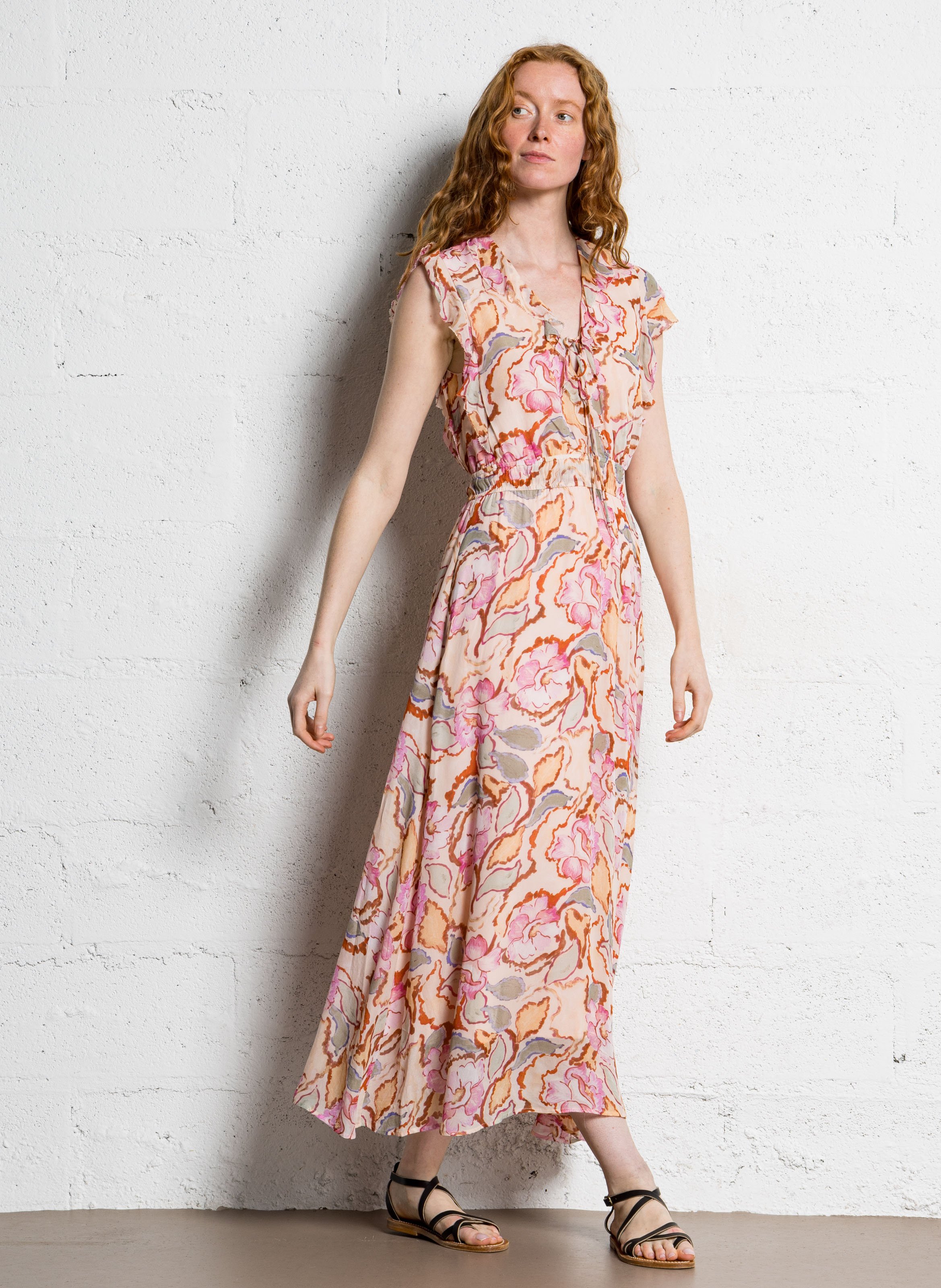 Robe longue évasée col V SUNCOO Rose