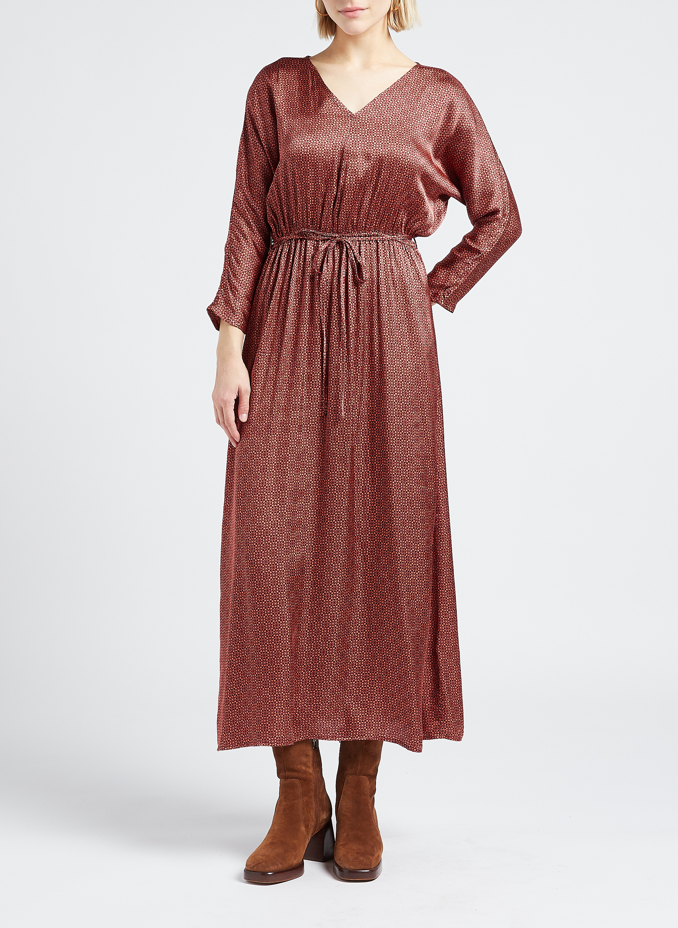 Robe midi col V imprimée  GRACE ET MILA Marron