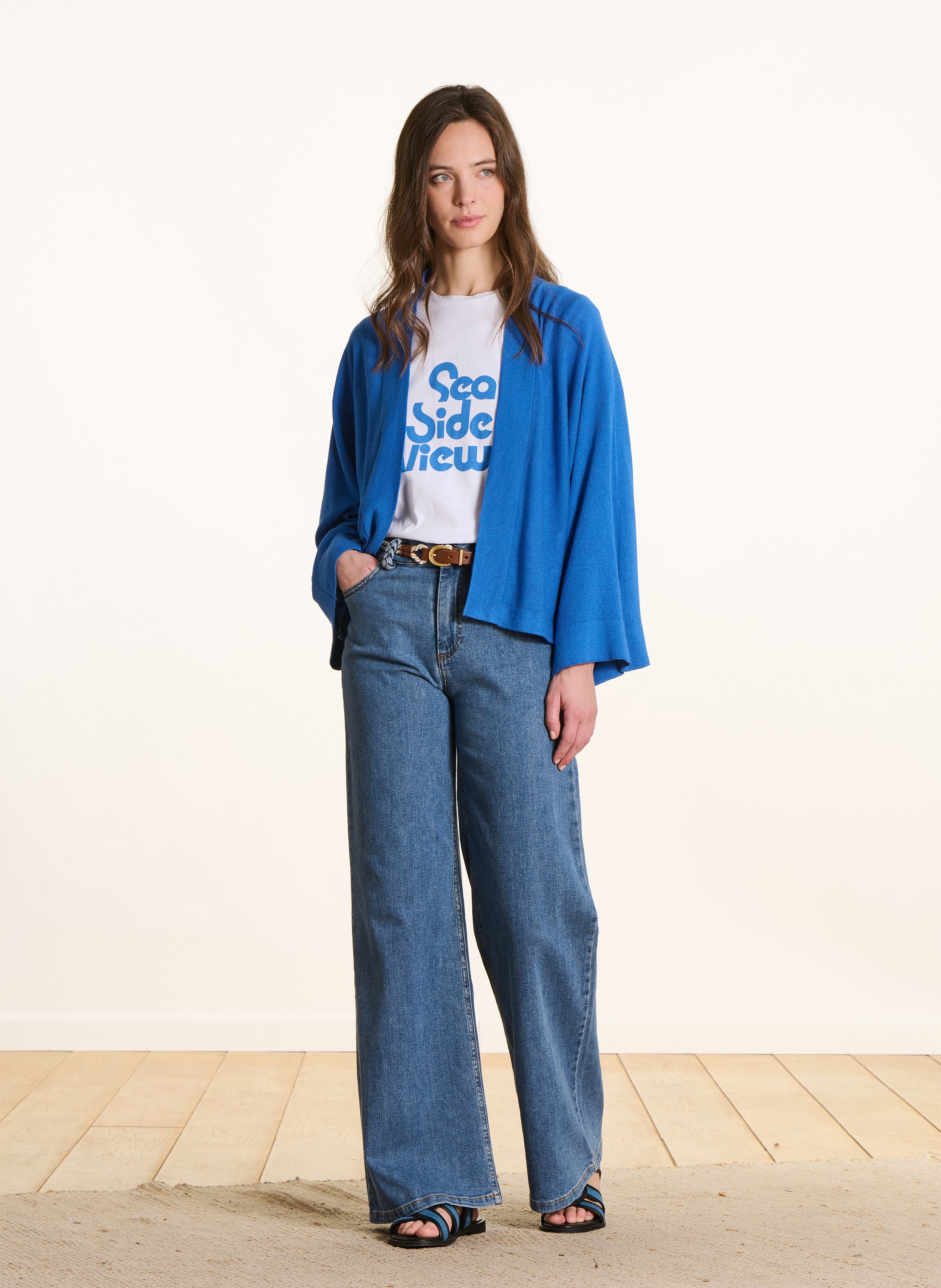 Gilet ouvert en maille souple LA FEE MARABOUTEE Bleu