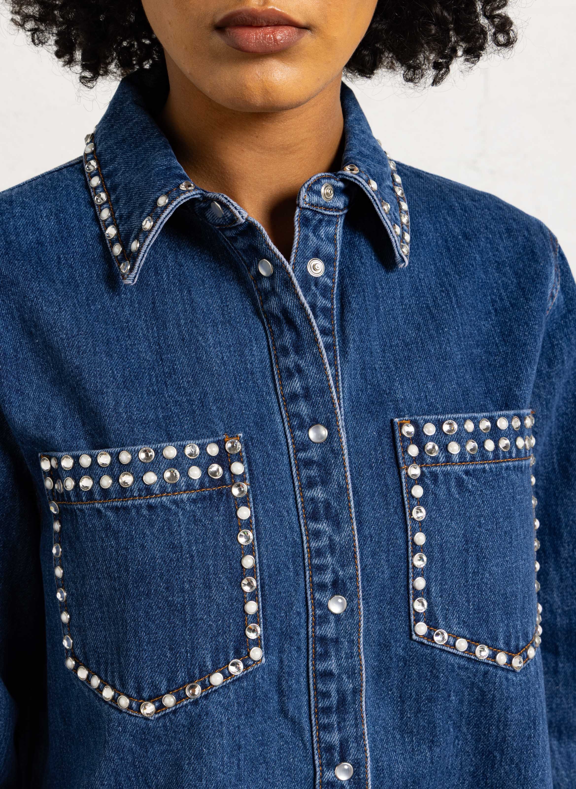 Straight denim shirt with rhinestones SUNCOO Blue
