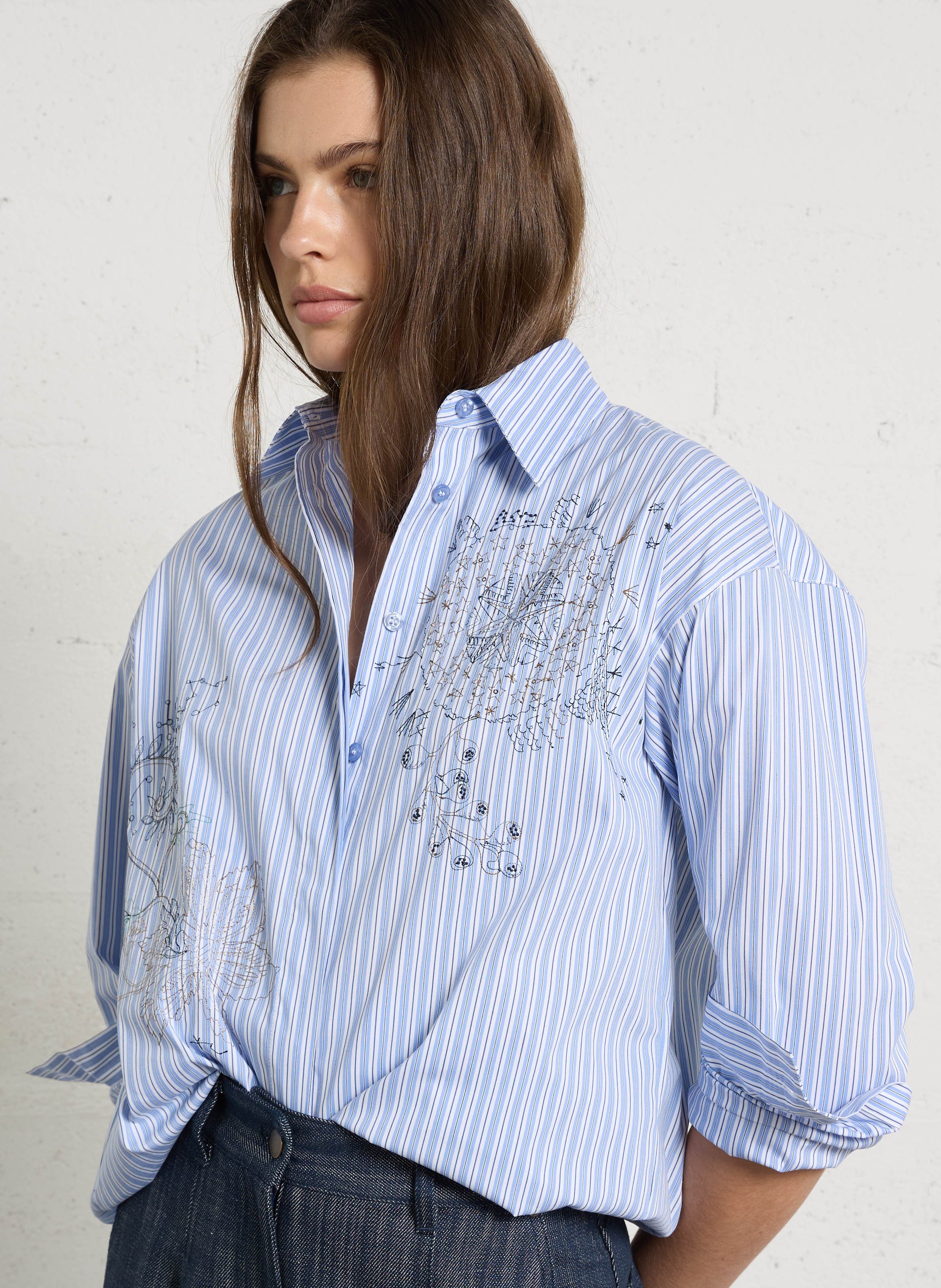 Straight Striped Shirt with Embroidery MOMONI White