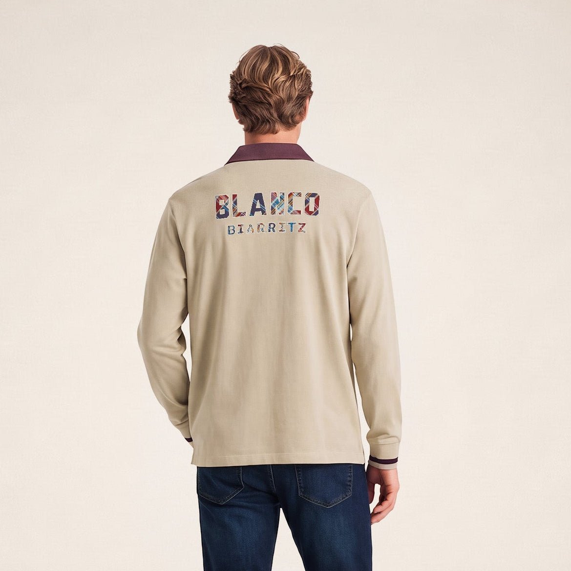 BLANCO BIARRITZ long-sleeved rugby polo shirt in two beige travertine tartans SERGE BLANCO Beige