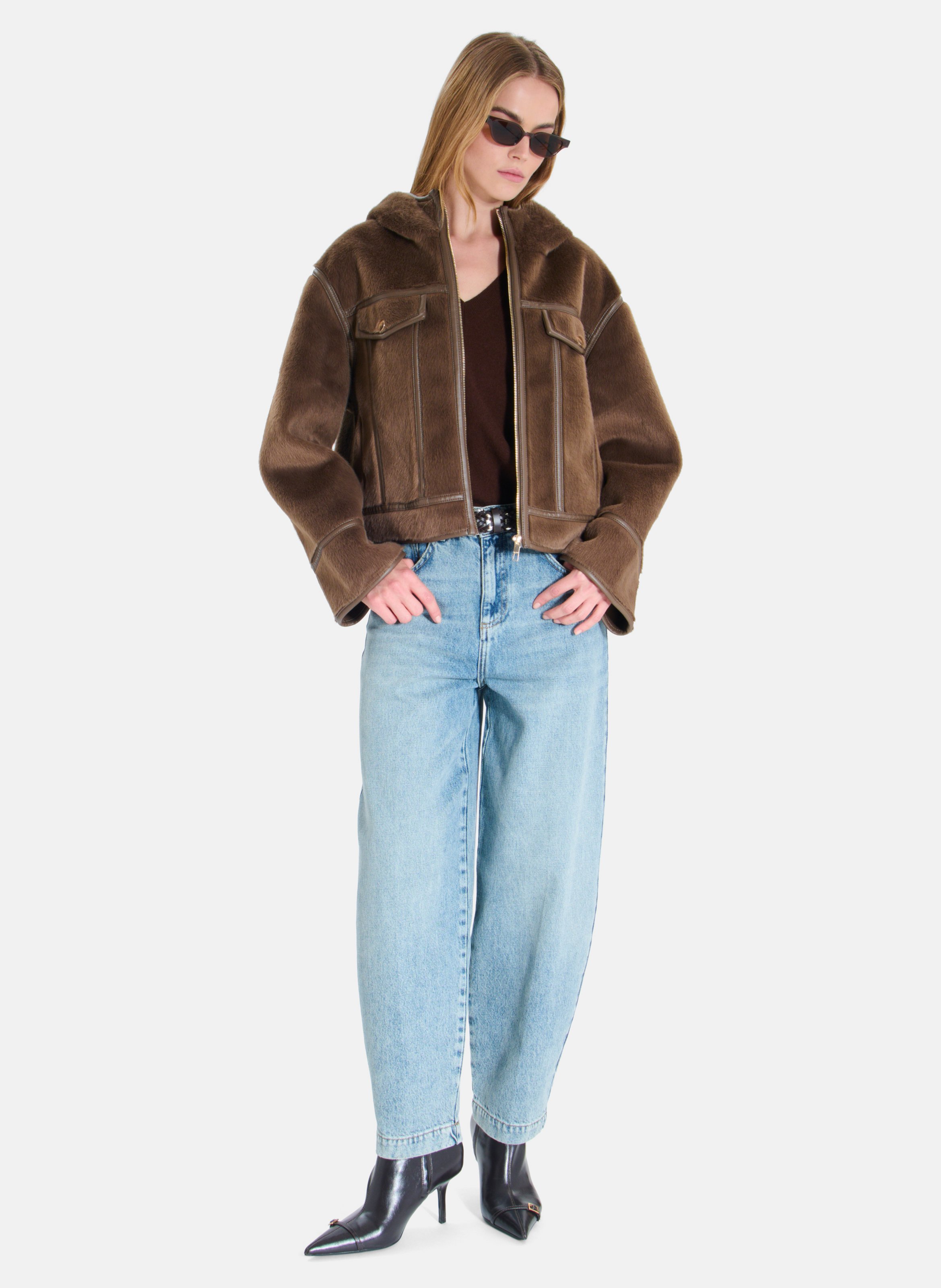 Boxy cropped faux fur-effect jacket ZAPA Brown