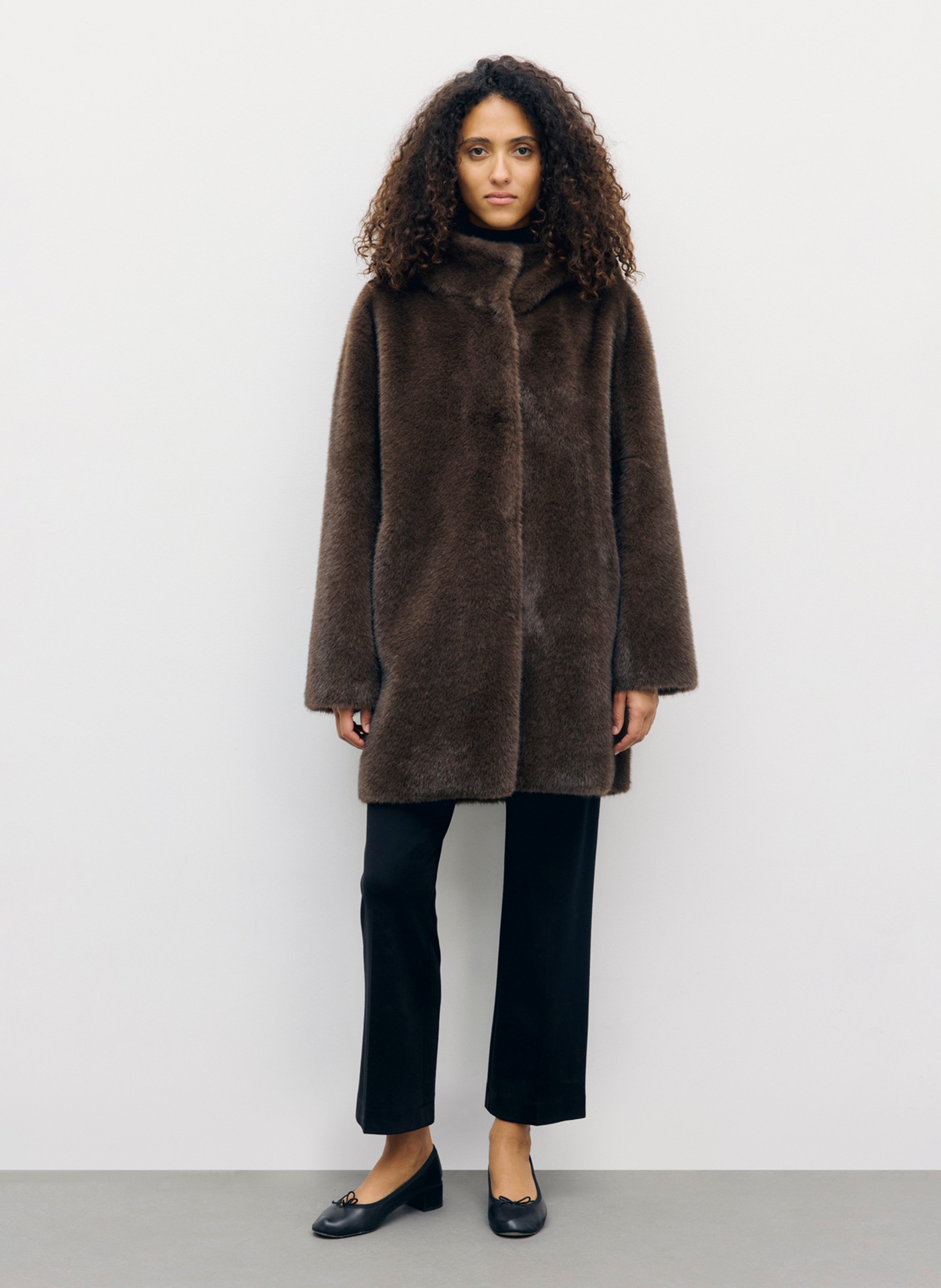 Straight coat with faux fur-effect hood GERARD DAREL Brown