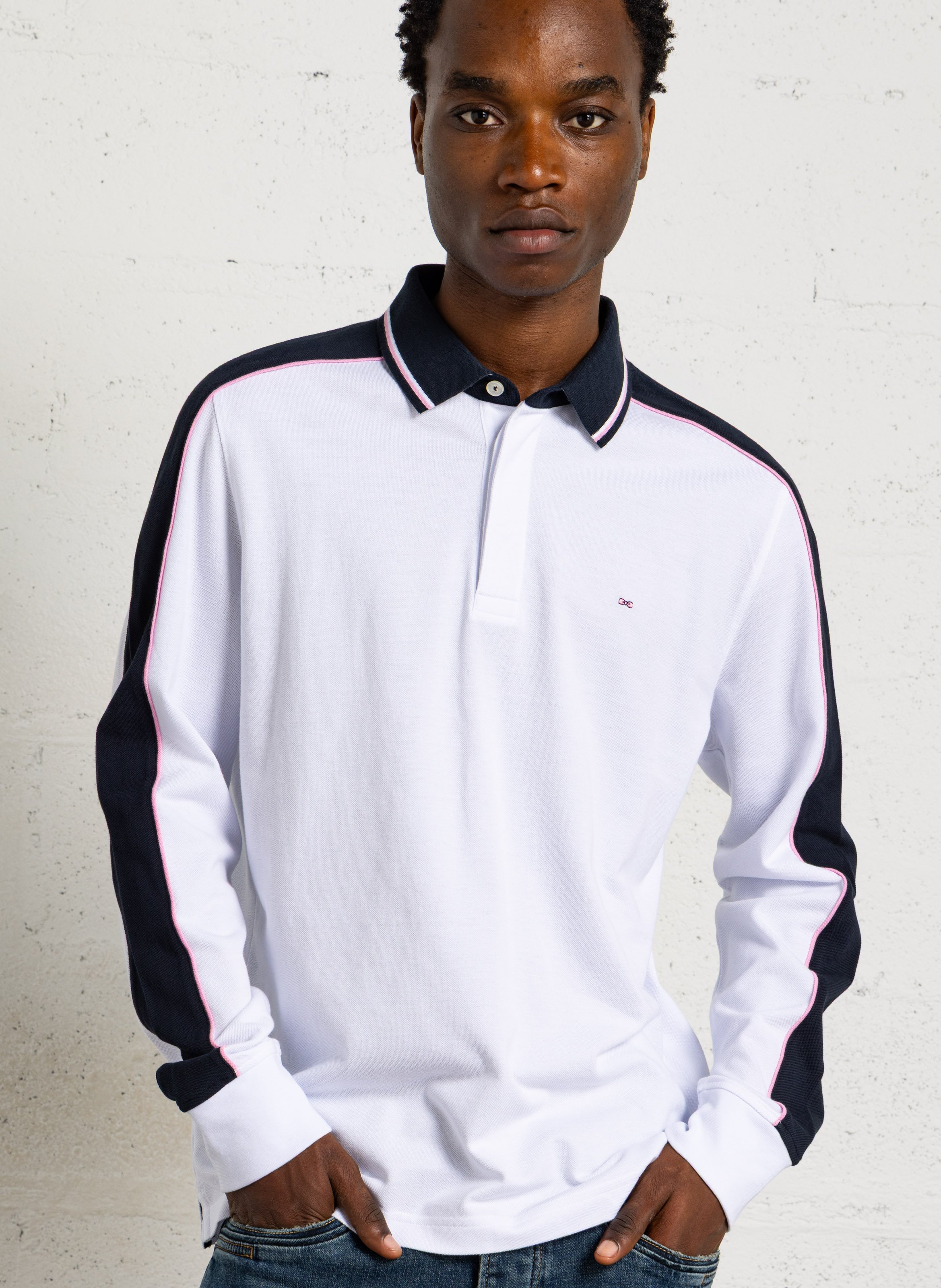 Straight fit long-sleeved cotton polo EDEN PARK Blue