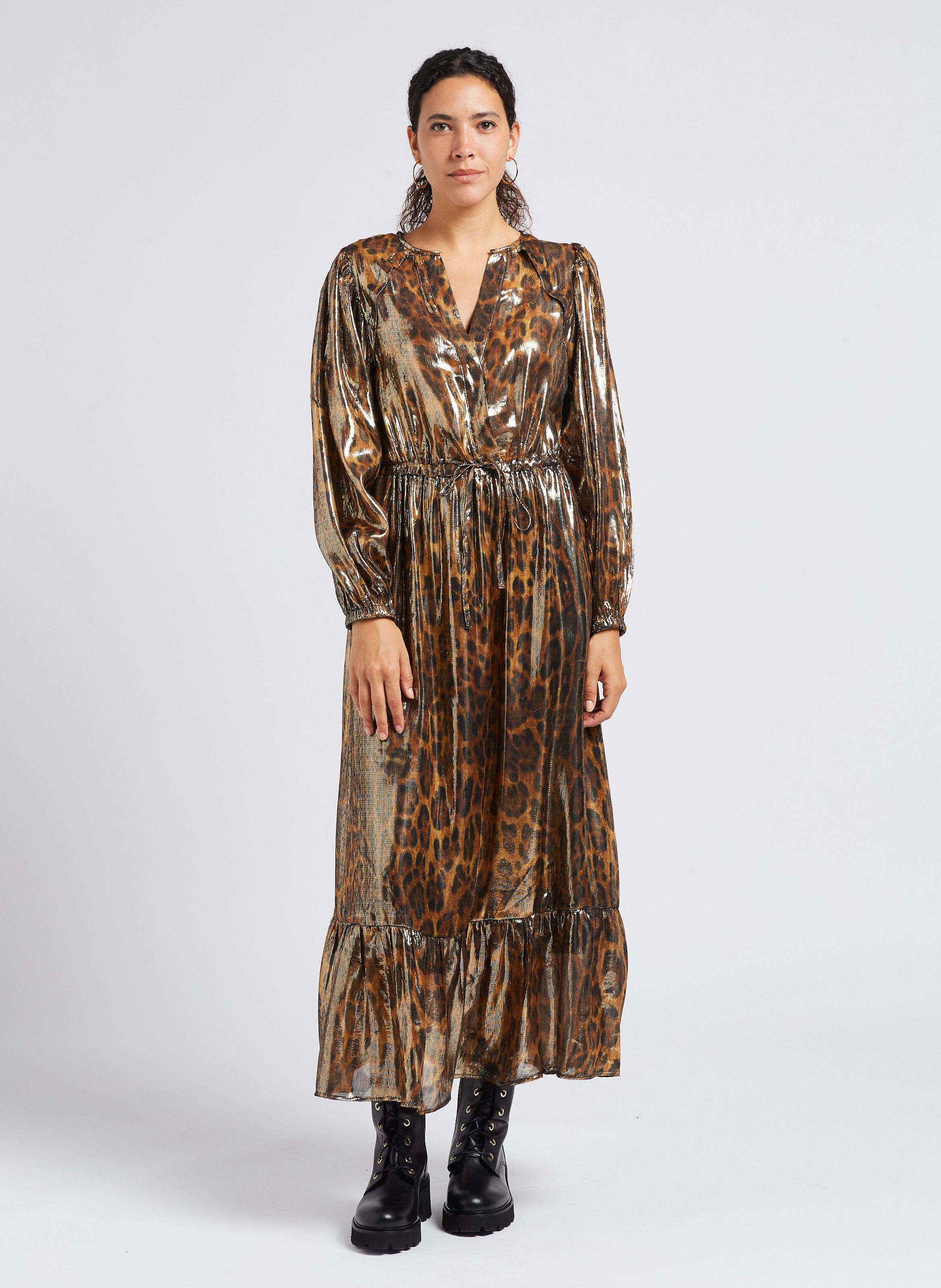 Leopard Print Long V neck Dress In Silk Blend Coffee See U Soon