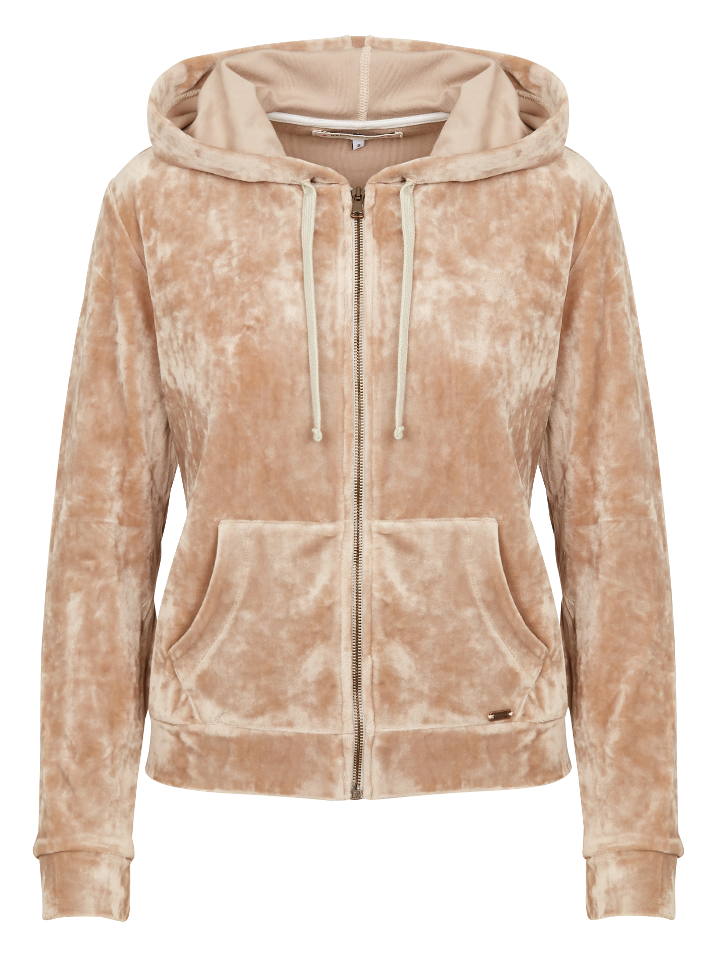 Straight velvet cardigan with hood Beige