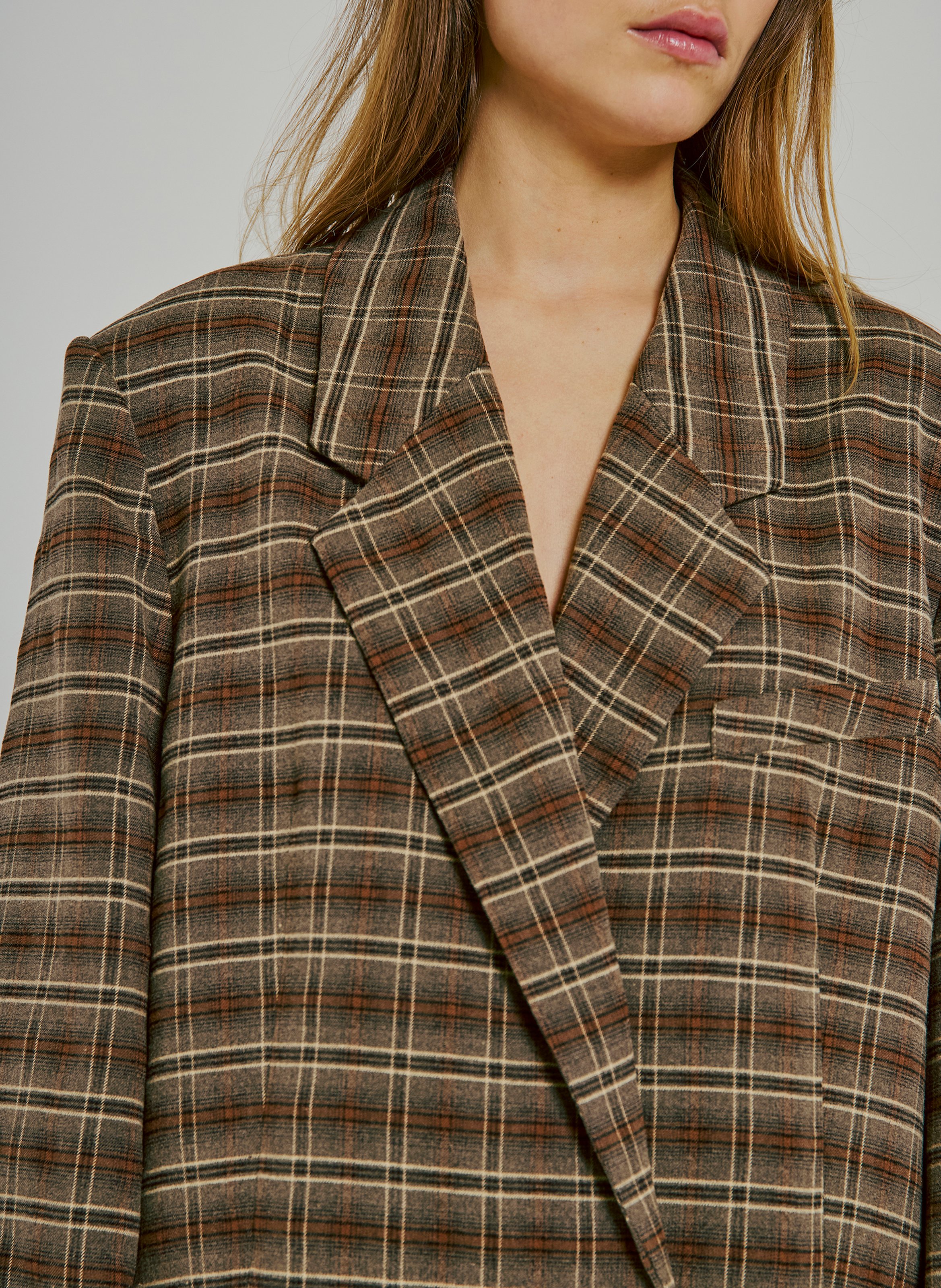 Oversized blazer jacket with a checked lapel. NORR Brown