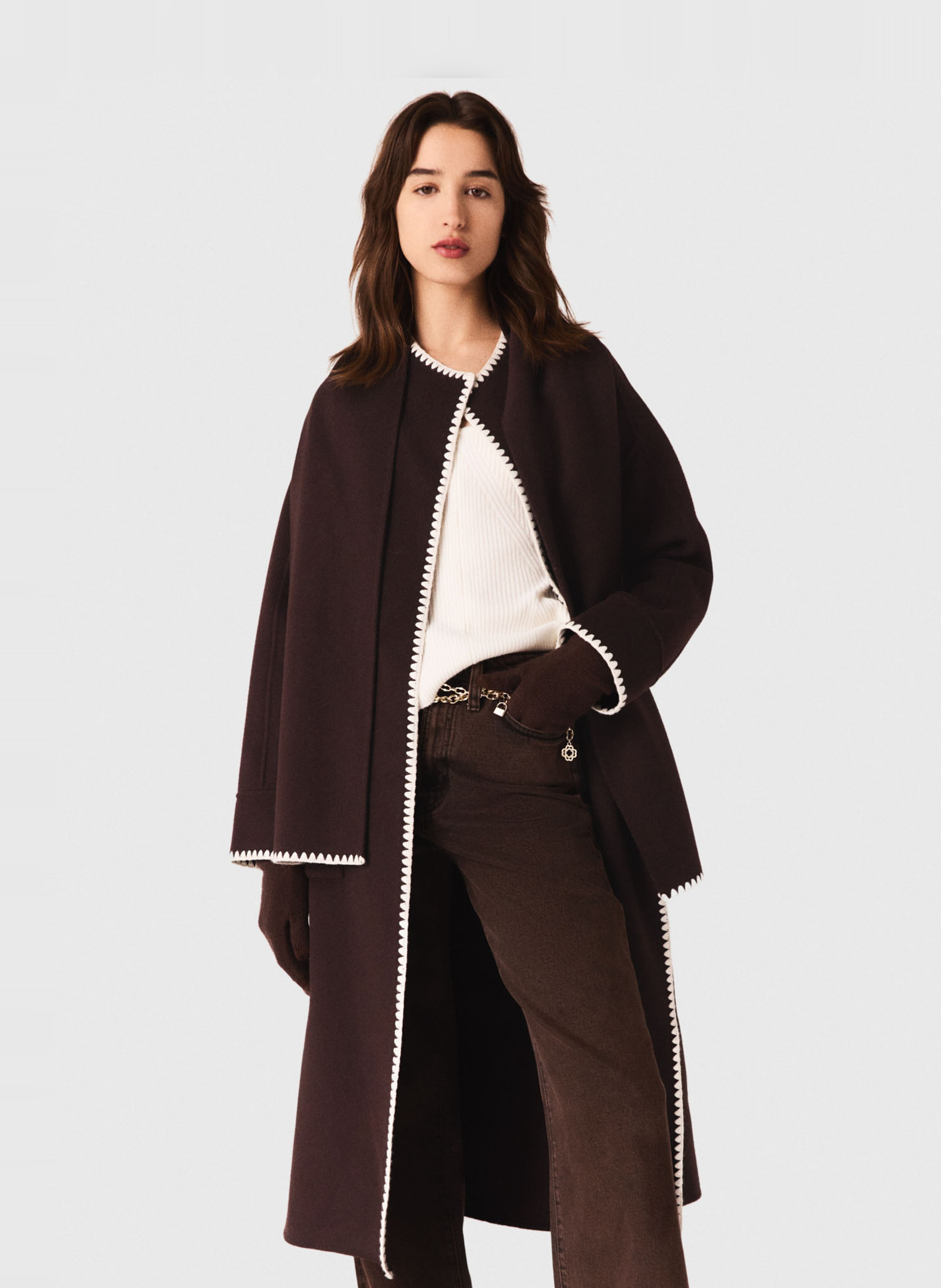Manteau long double face brodé en laine mélangée MAJE Marron