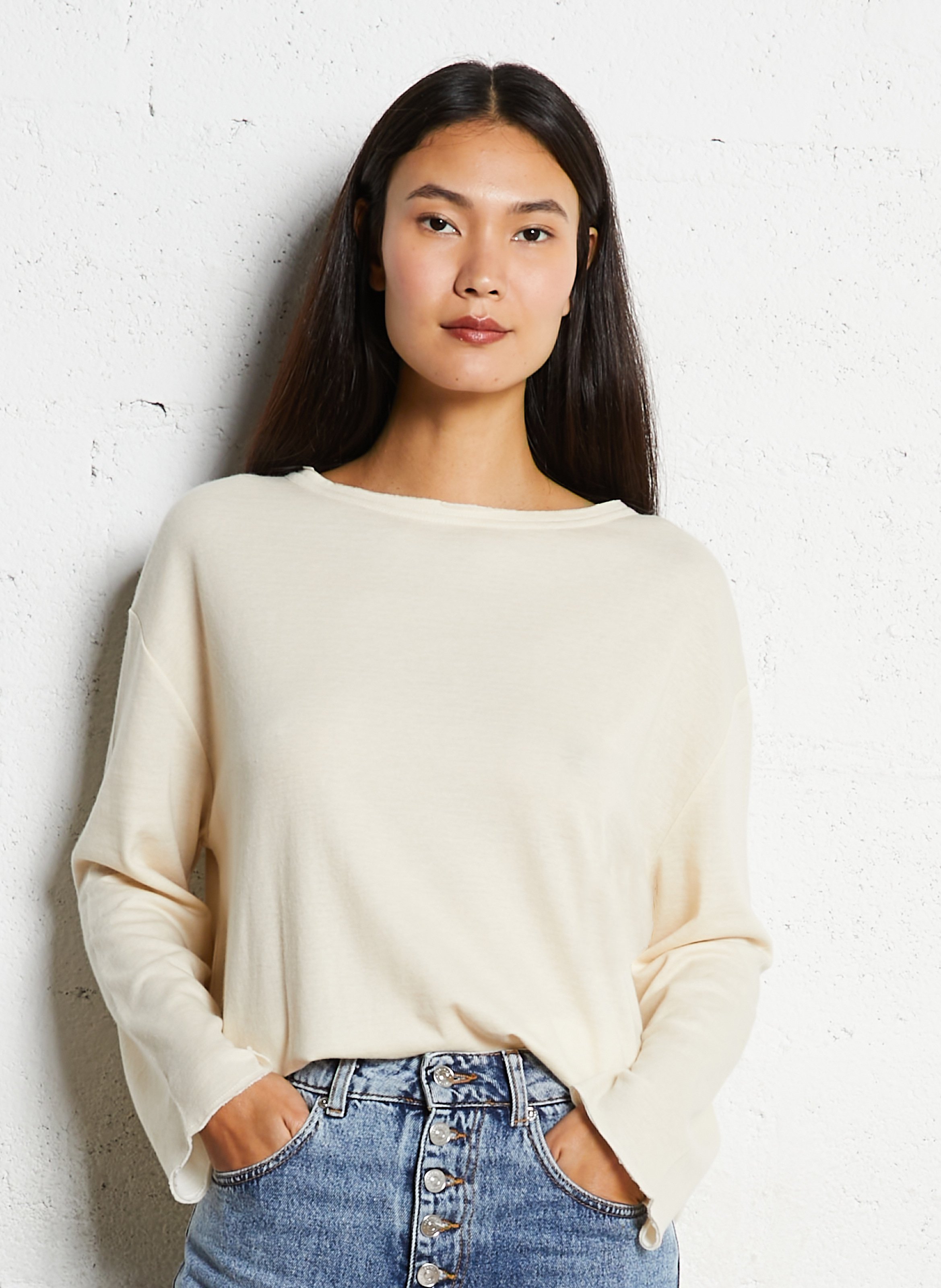 Tee-shirt droit col bateau en coton bio et cachemire MAJESTIC FILATURES Beige