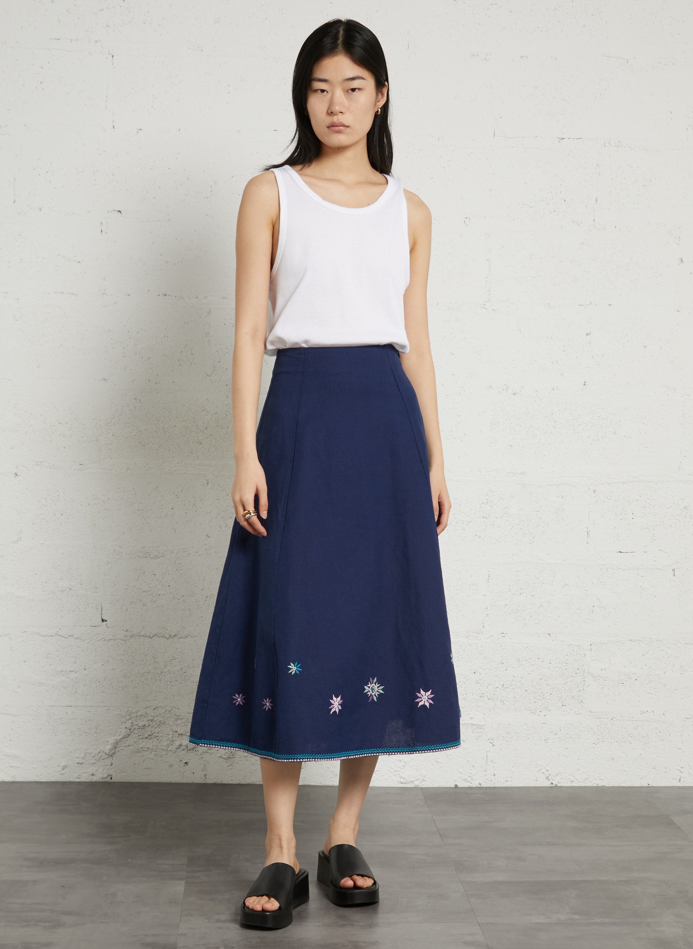 Jupe longue évasée à broderies Bleu