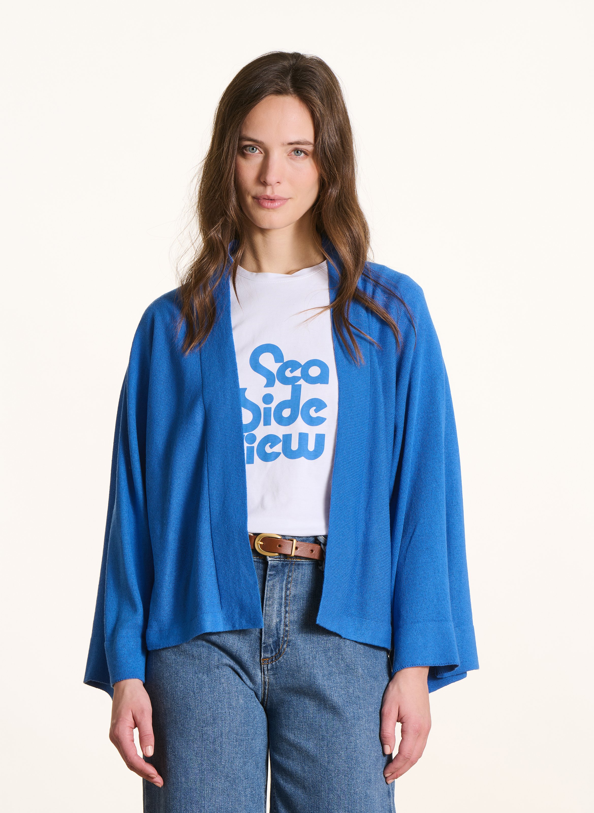 Gilet ouvert en maille souple LA FEE MARABOUTEE Bleu