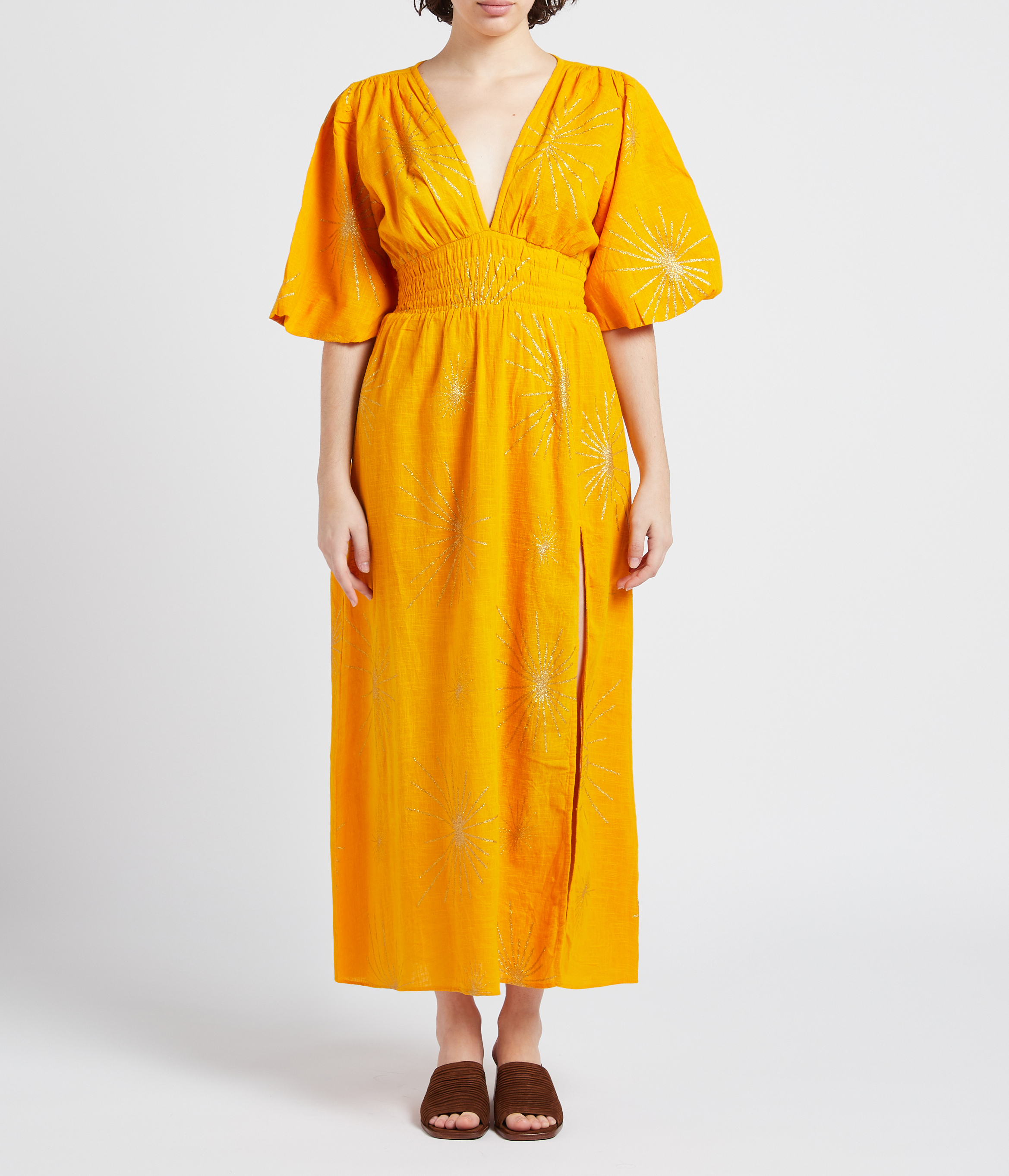 Long metallic cotton V-neck dress SUNDRESS Orange