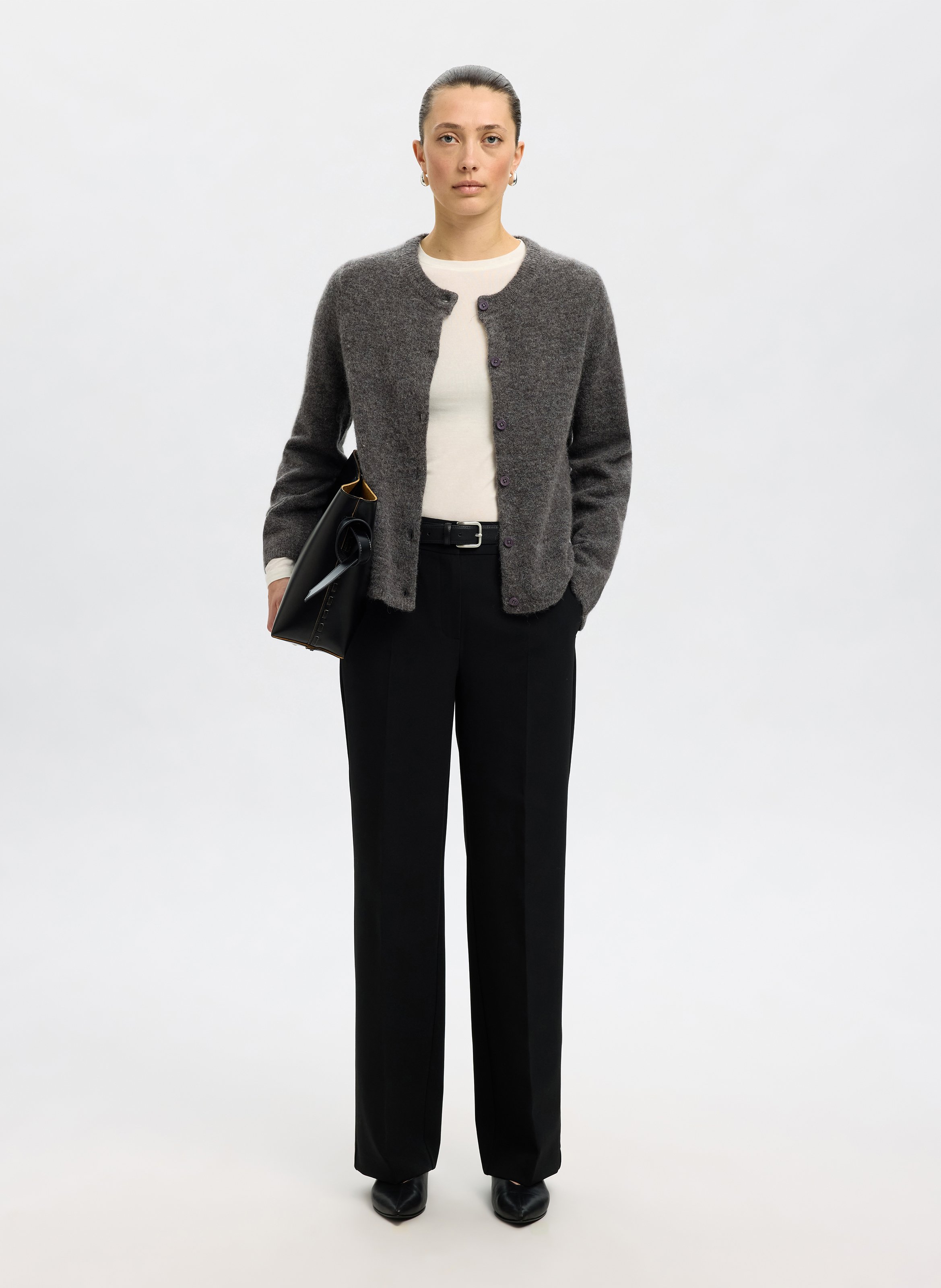 Strickjacke aus Woll-Mix mit Rundhalsausschnitt SELECTED Grau