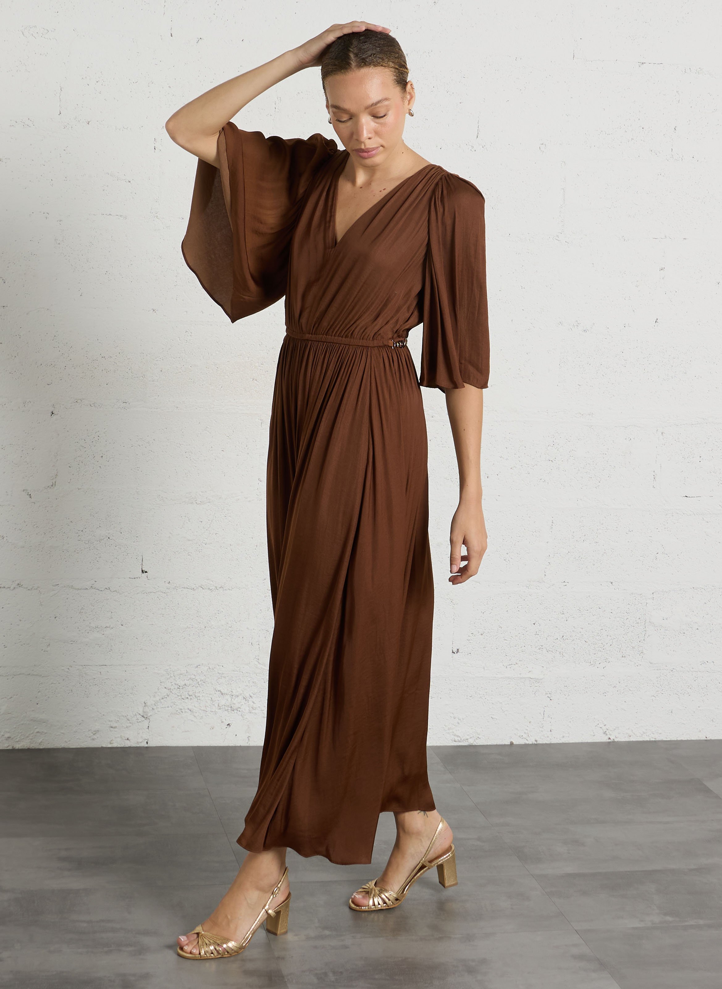 Robe longue col V unie MAISON 123 Beige