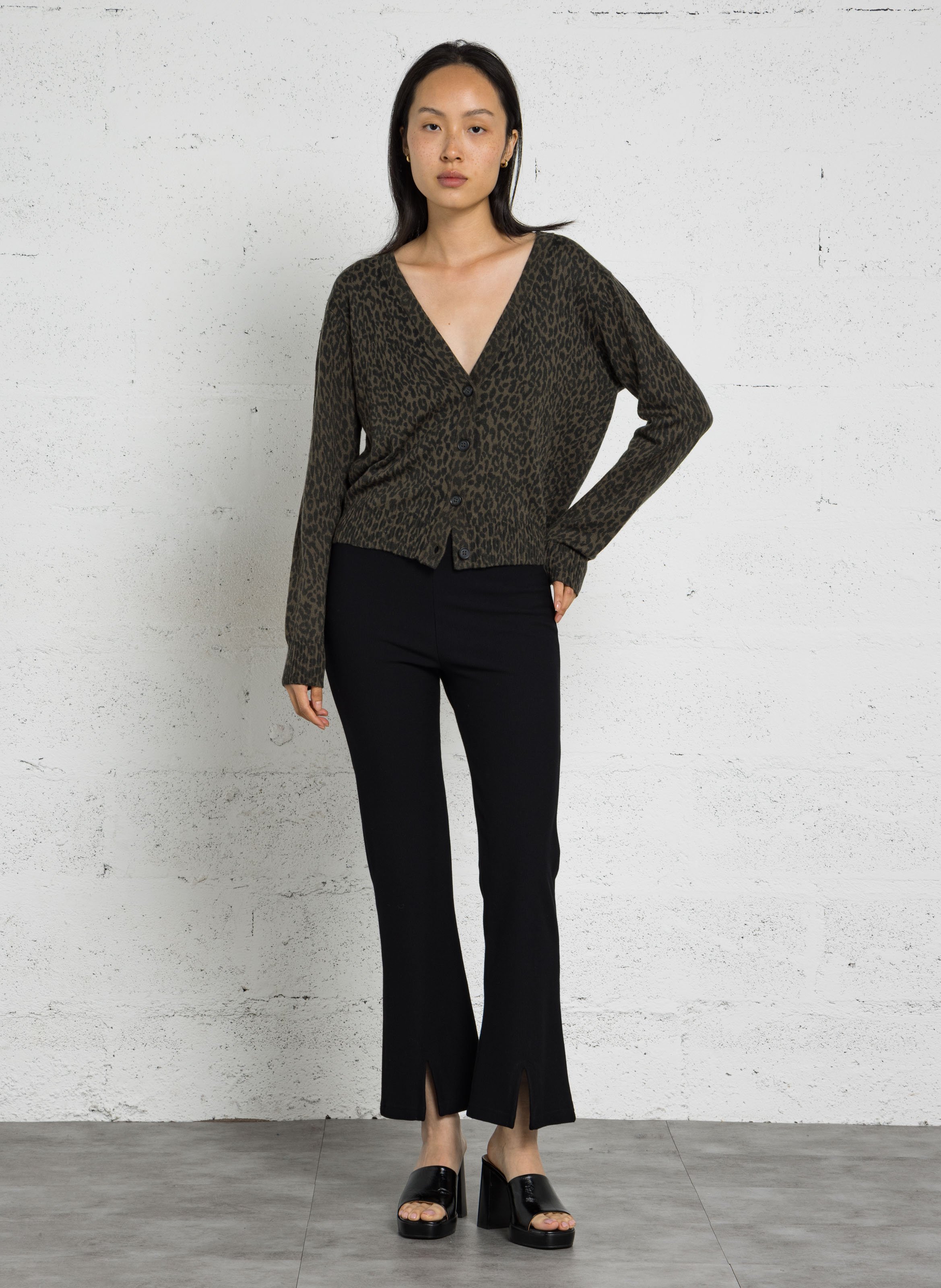 Straight printed wool blend cardigan LEON & HARPER Khaki