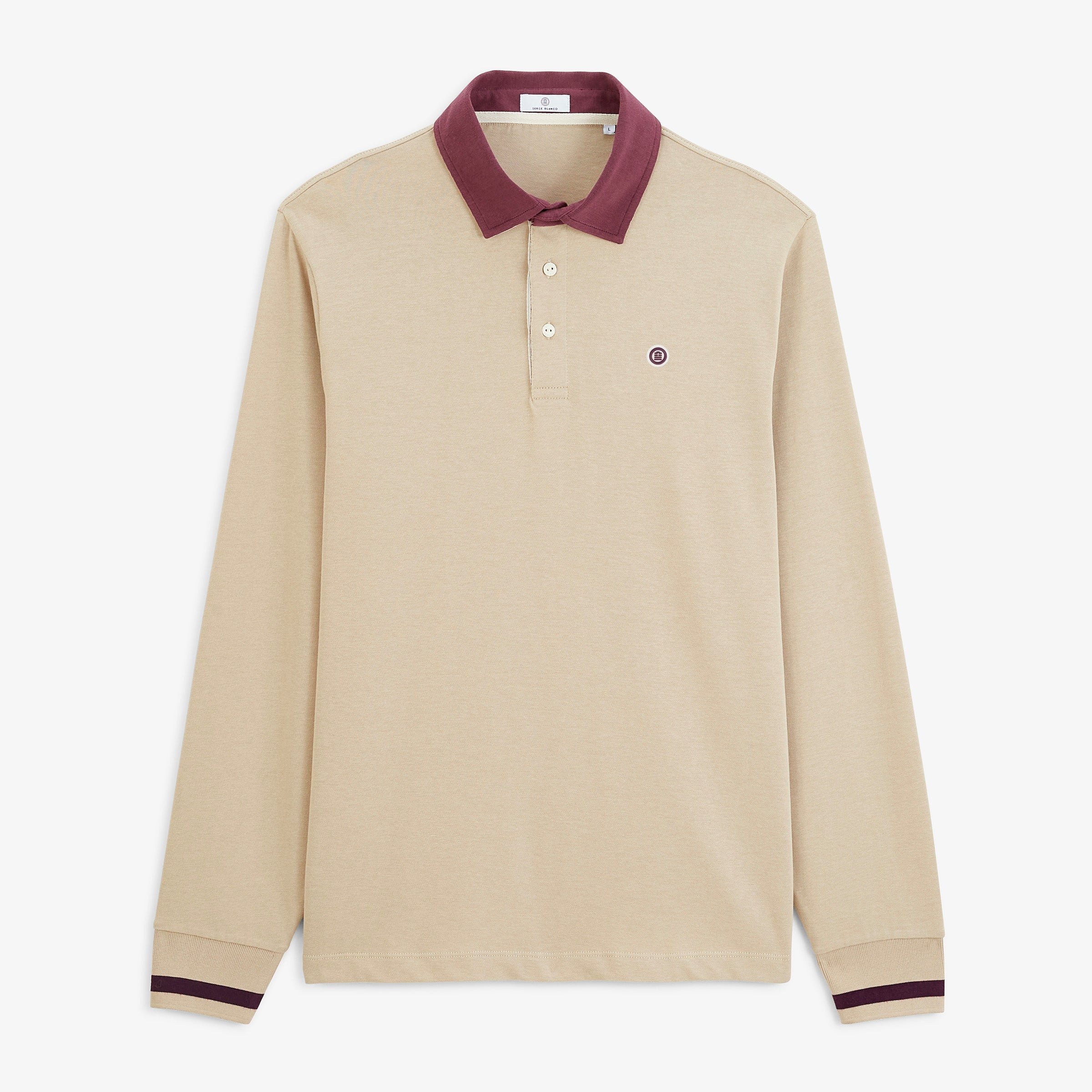 BLANCO BIARRITZ long-sleeved rugby polo shirt in two beige travertine tartans SERGE BLANCO Beige