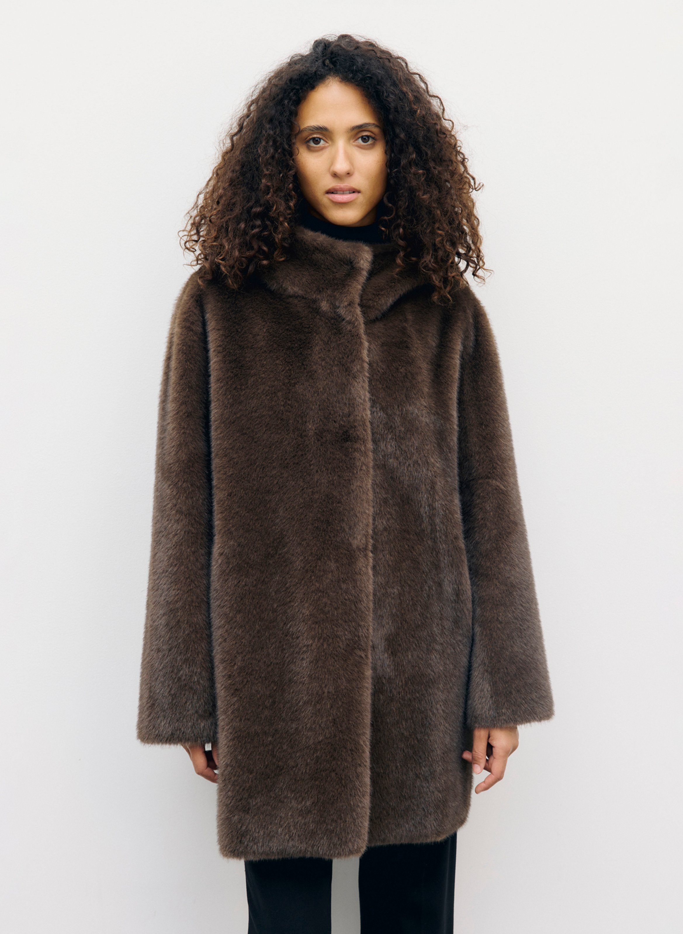 Straight coat with faux fur-effect hood GERARD DAREL Brown
