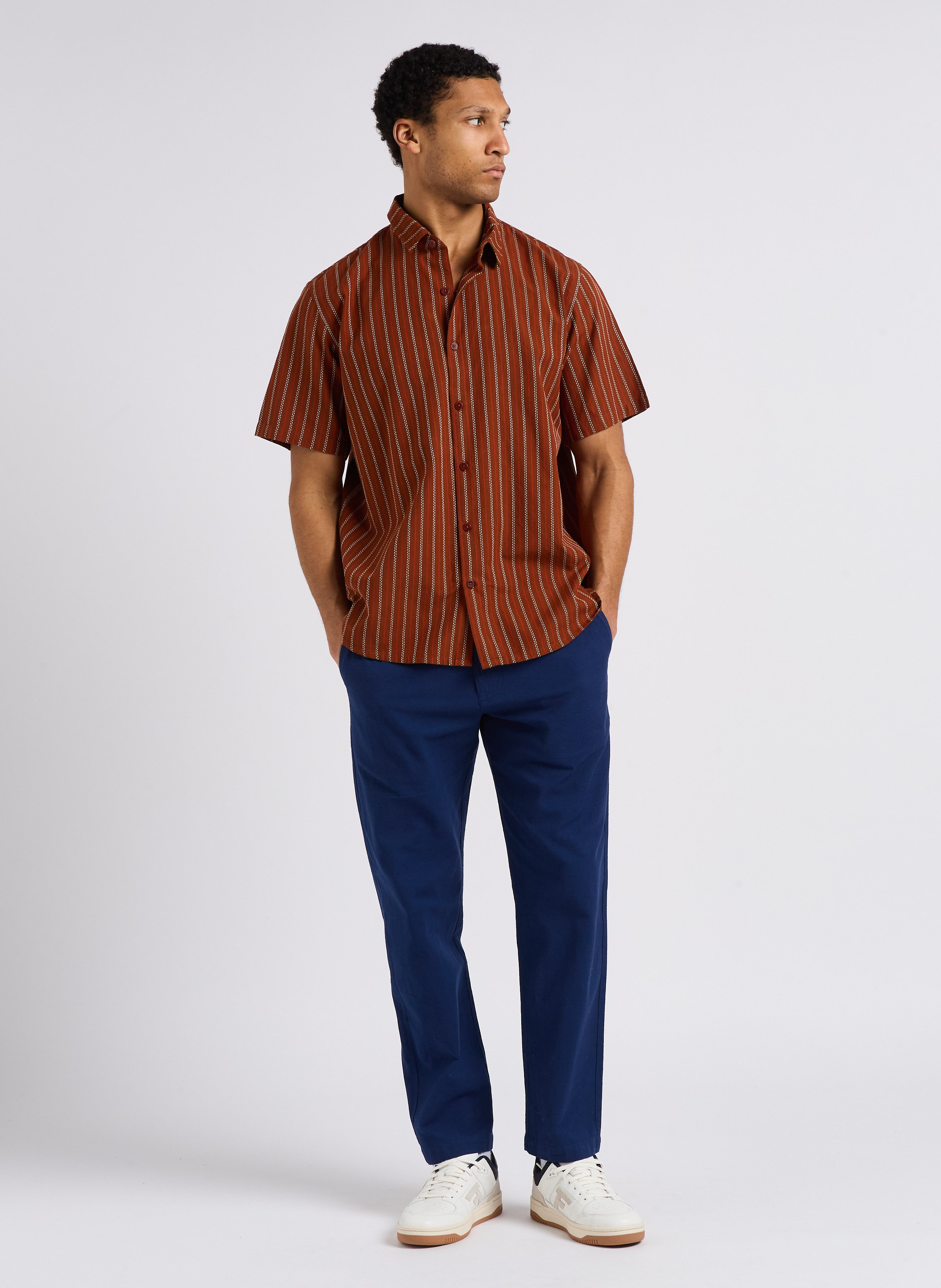 Striped organic cotton shirt with classic collar THINKING MU Brown