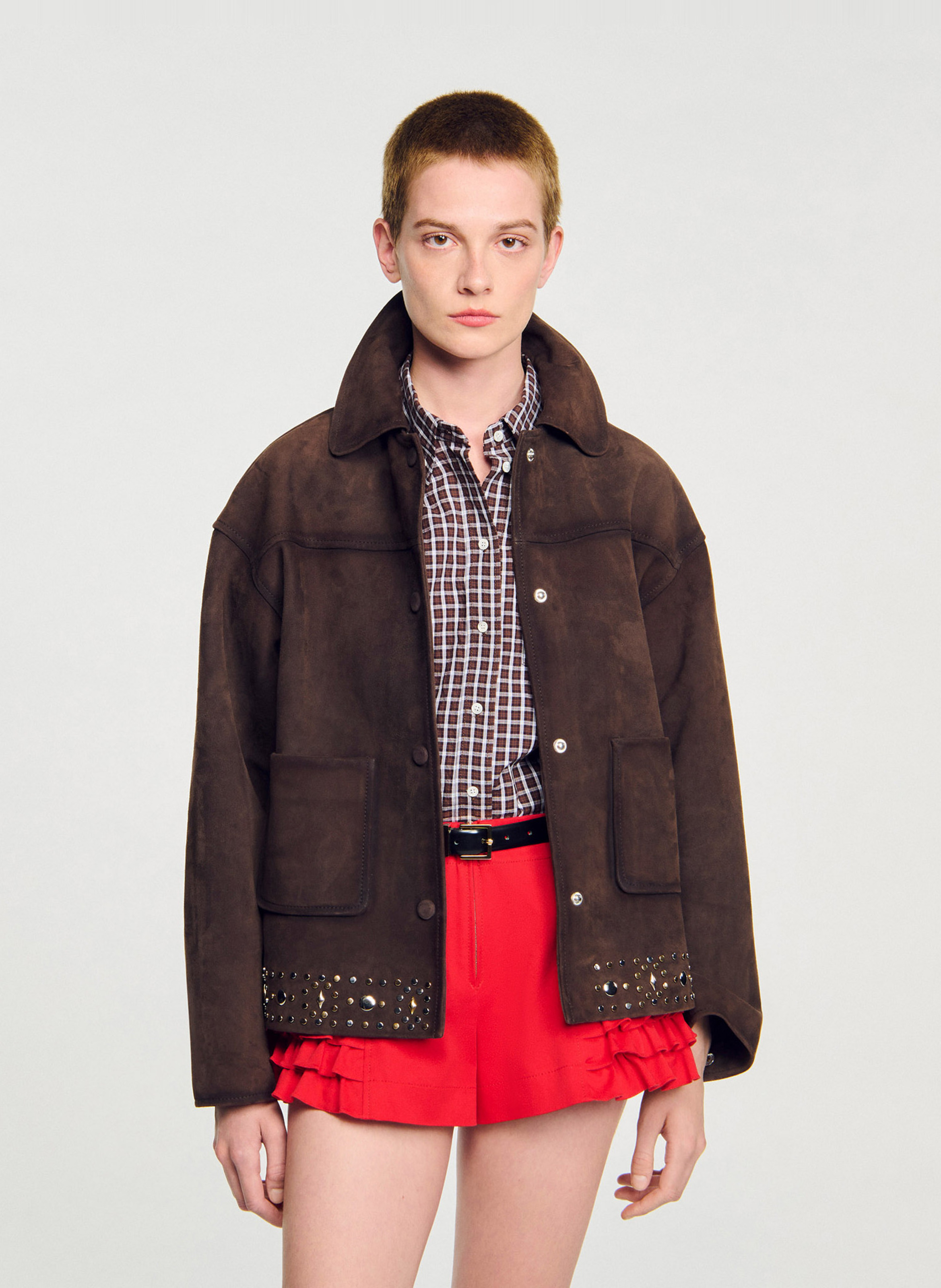 Leren top met klassieke kraag SANDRO Bruin