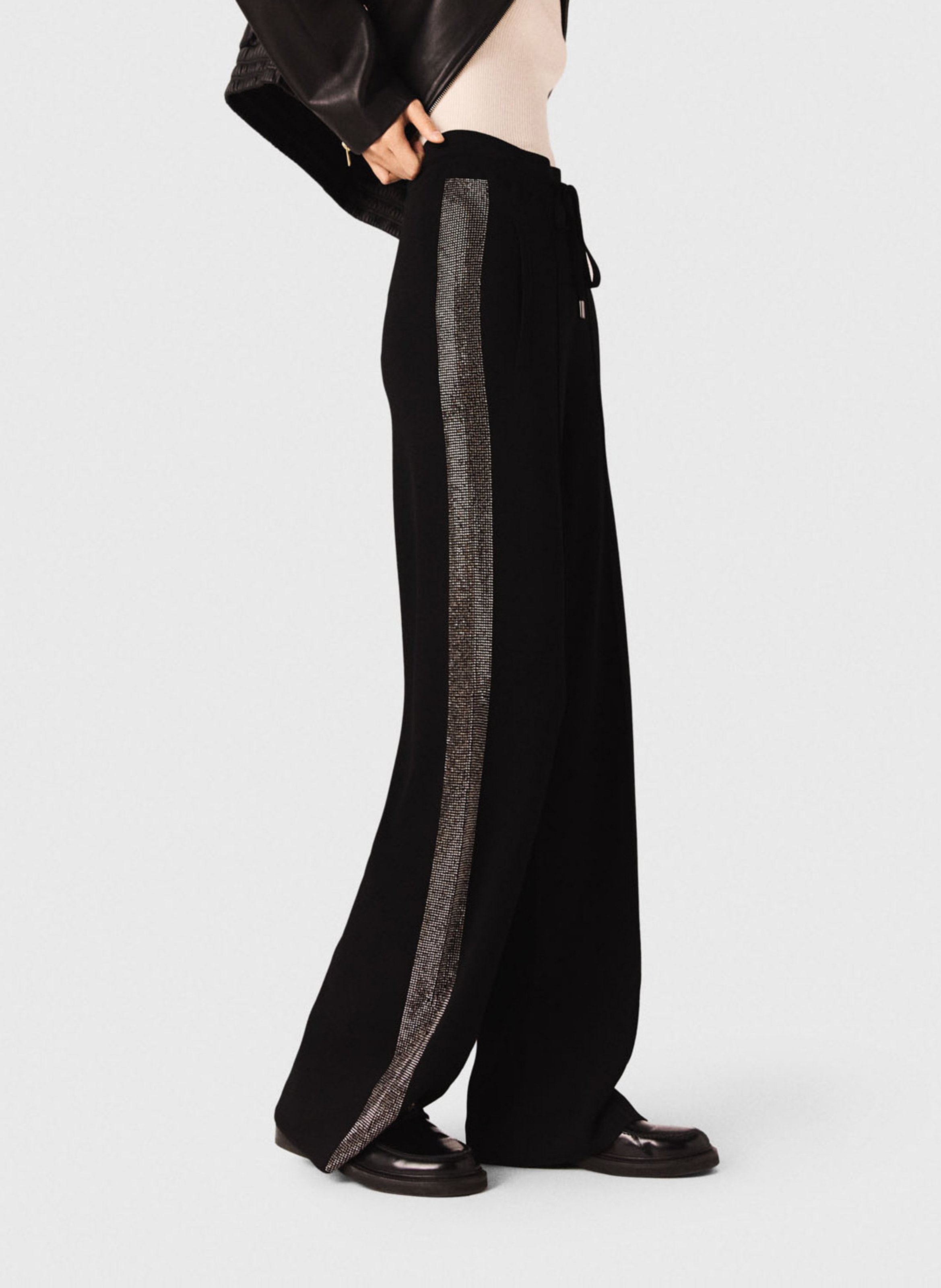 Wide-leg pants with rhinestone stripe MAJE Black