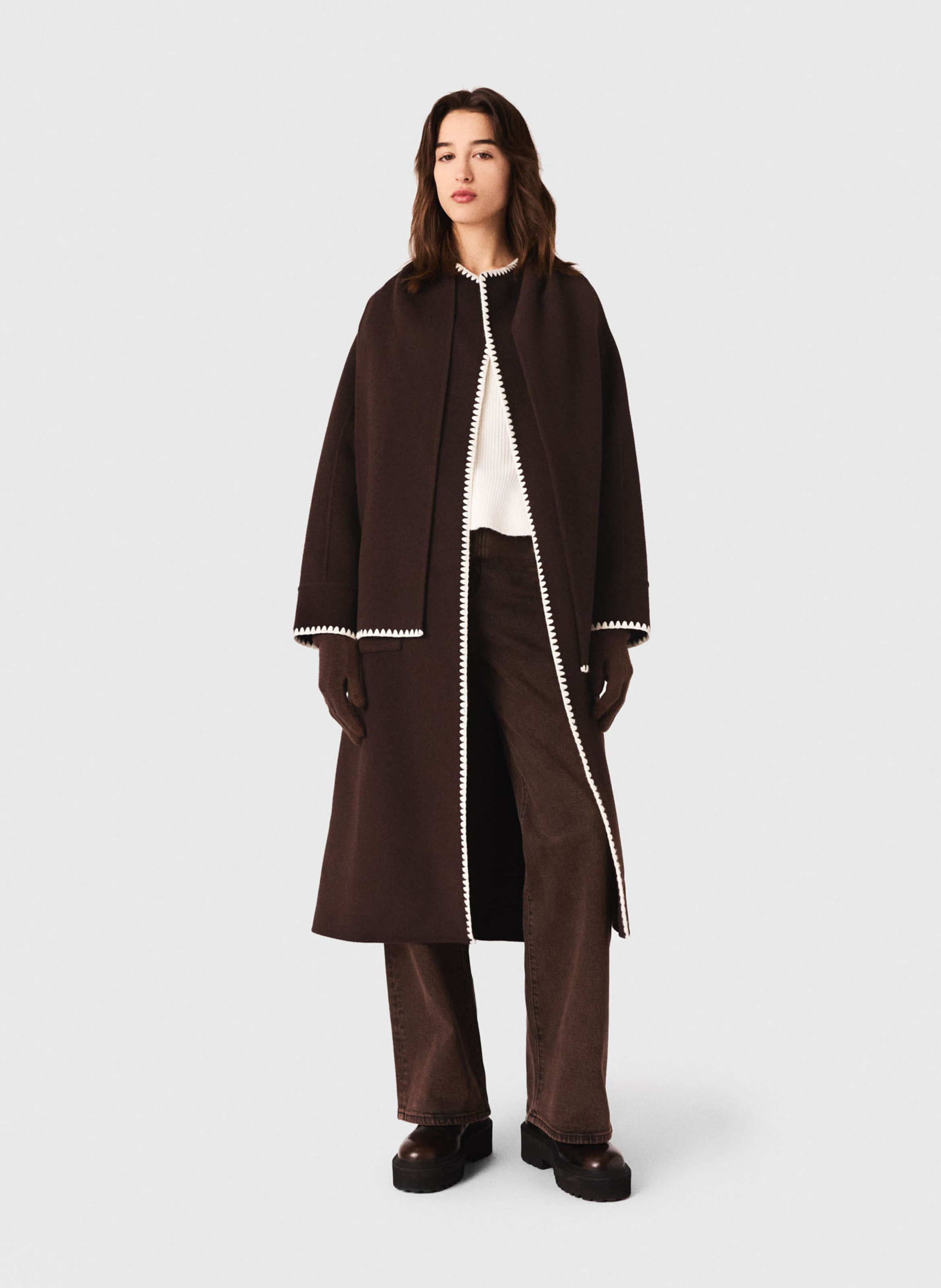 Manteau long double face brodé en laine mélangée MAJE Marron