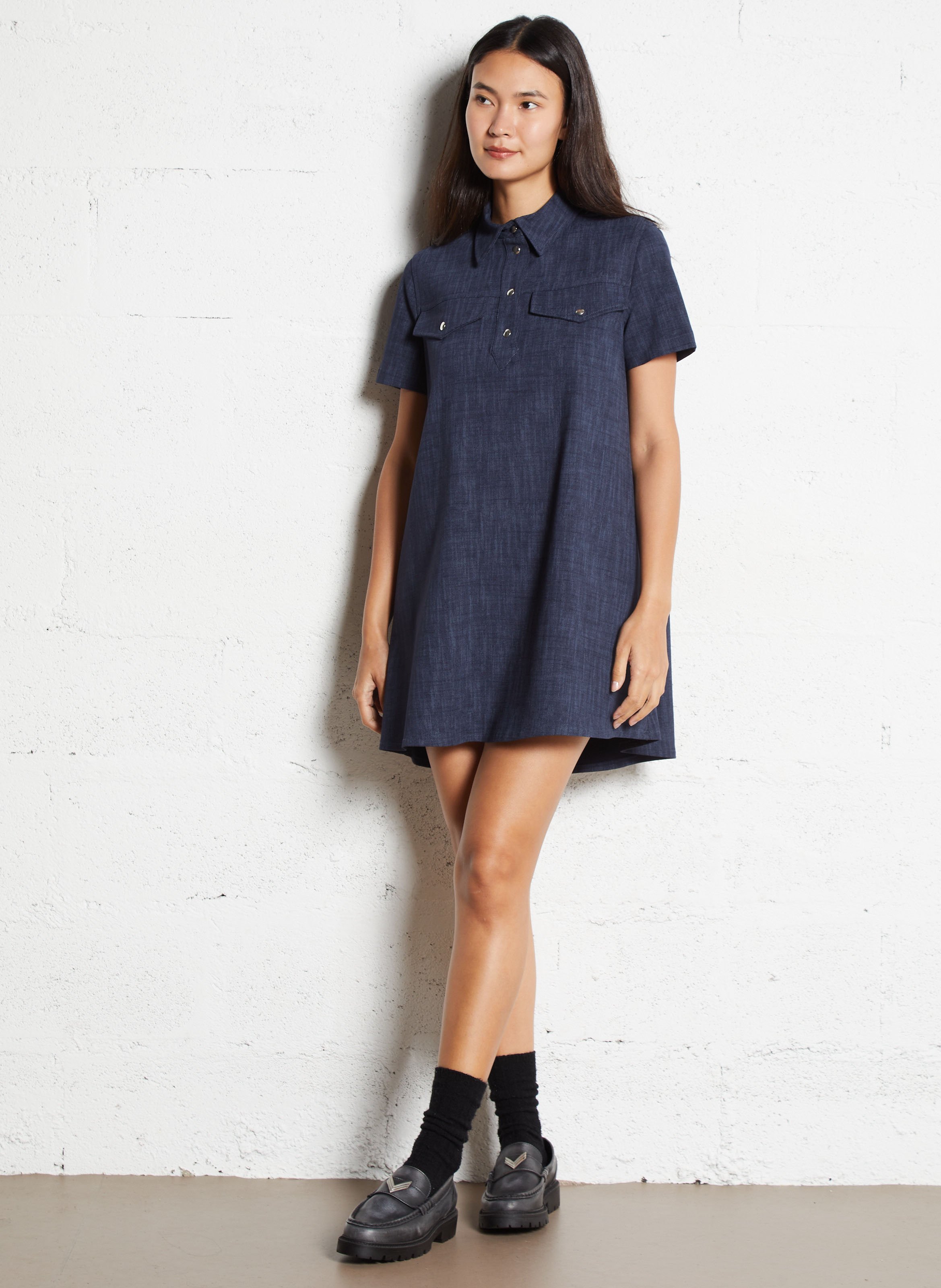 Short A-line denim effect dress PLEASE Blue