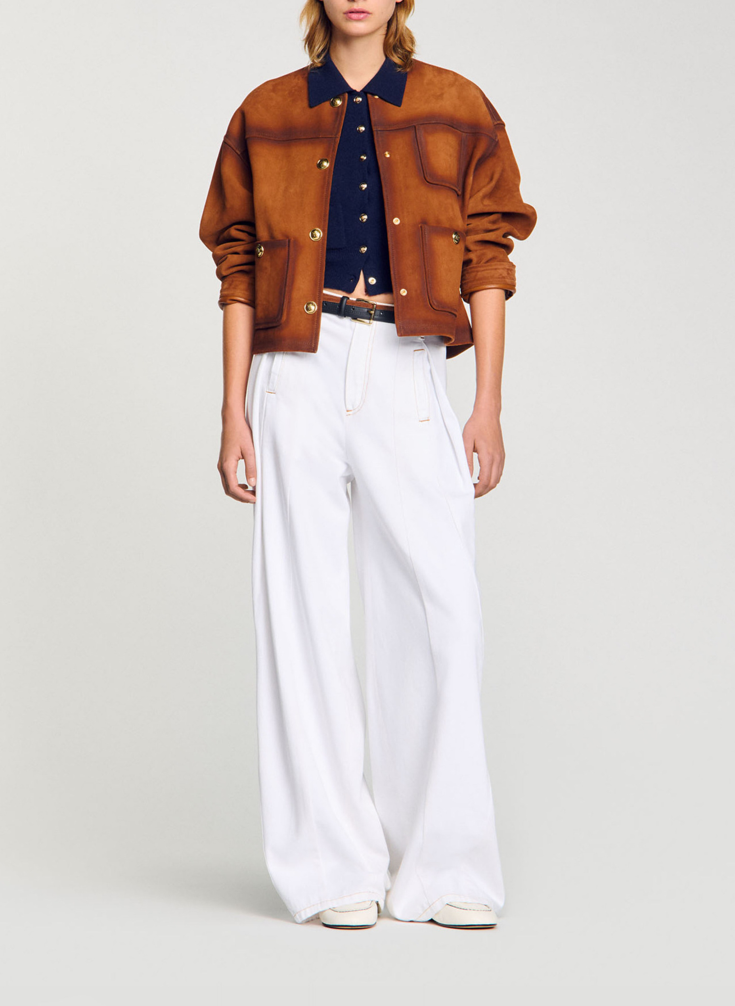 Wide topstitched cotton jeans SANDRO White