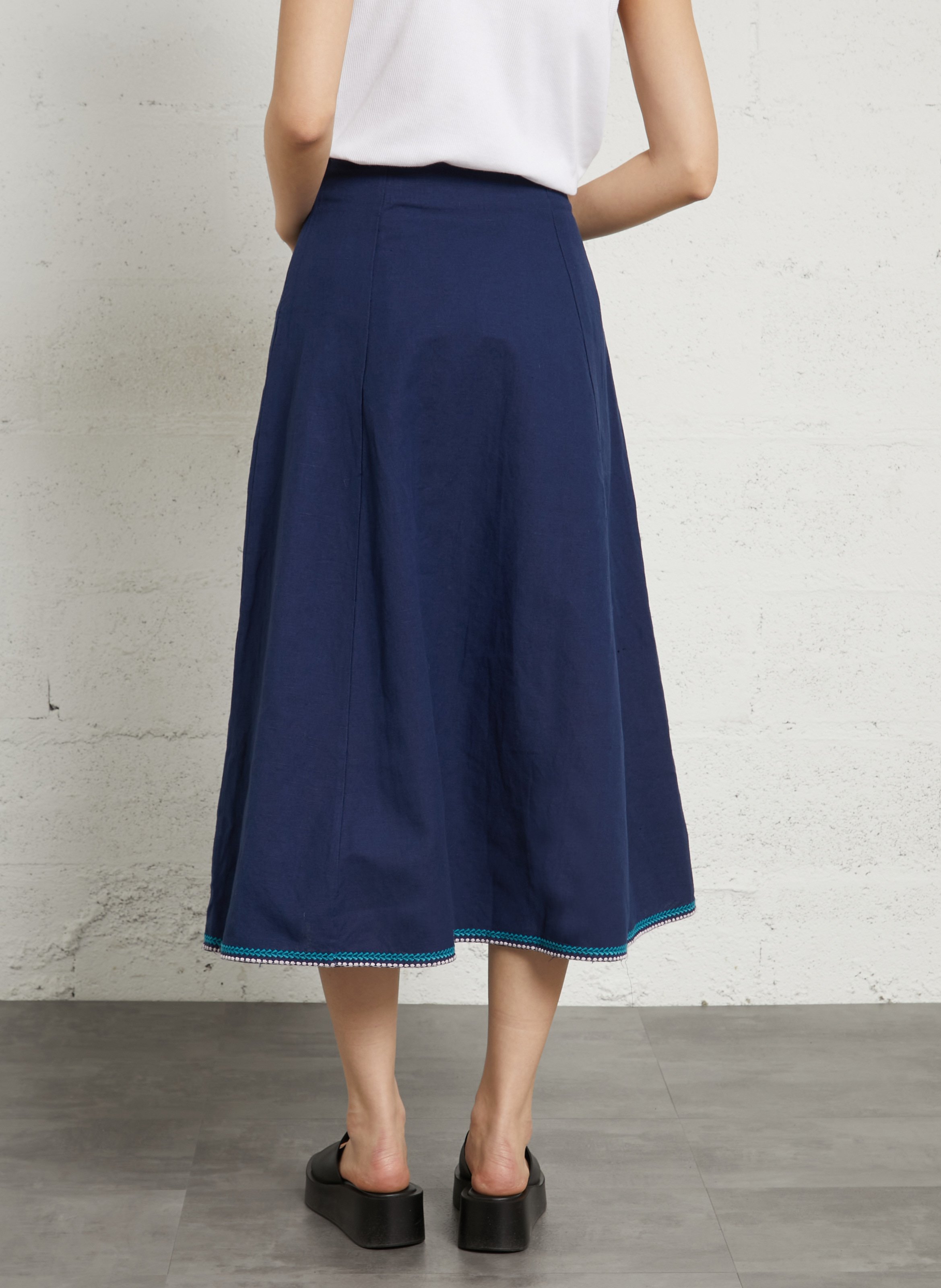 Jupe longue évasée à broderies Bleu