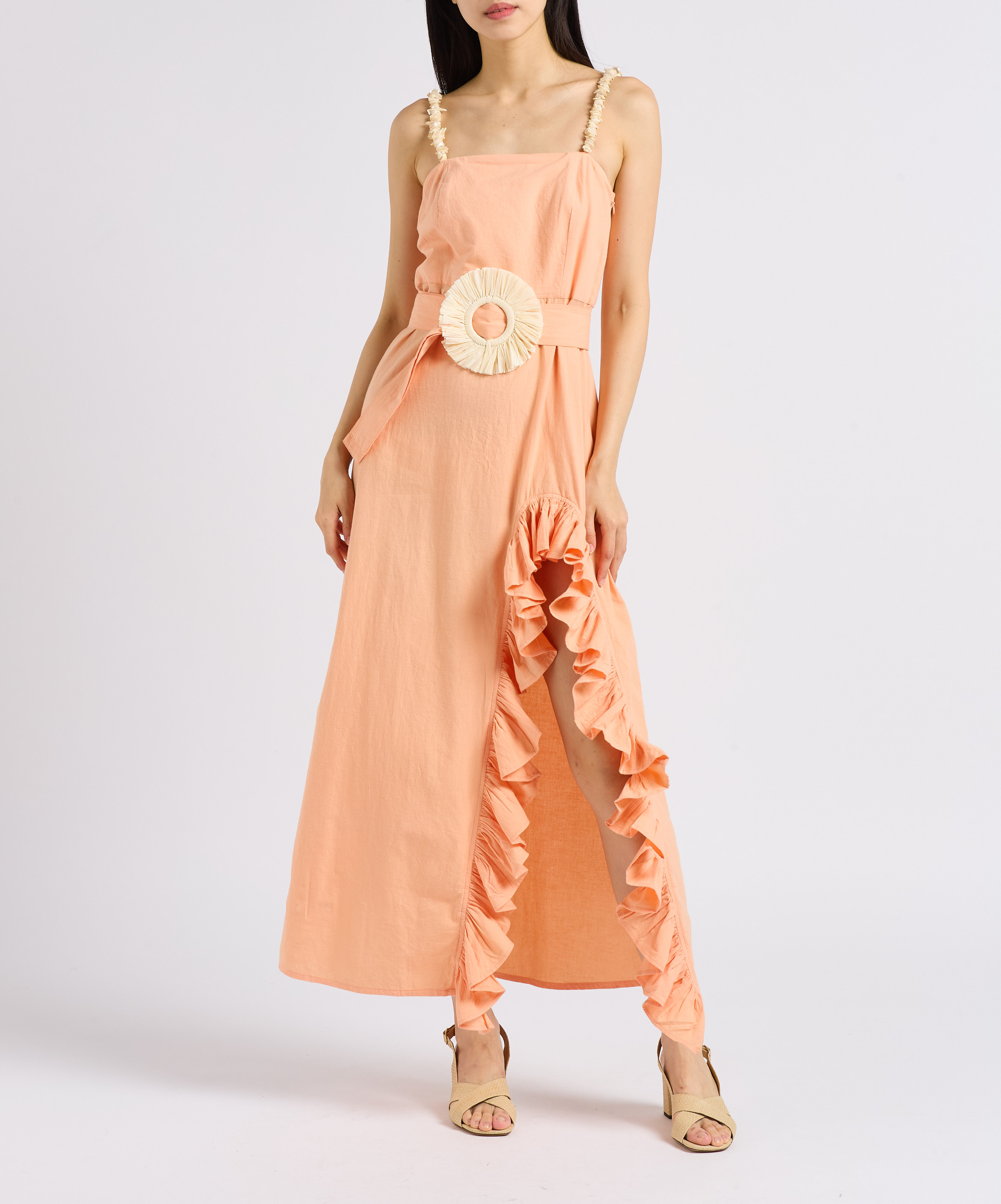 Long flounced dress with belt and seashells SUNDRESS Beige