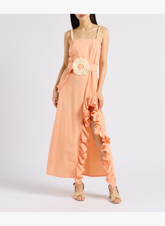 Long flounced dress with belt and seashells Beige Sundress - Women | Place des Tendances Long flounced dress with belt and seashells Beige Sundress - Women | Place des Tendances