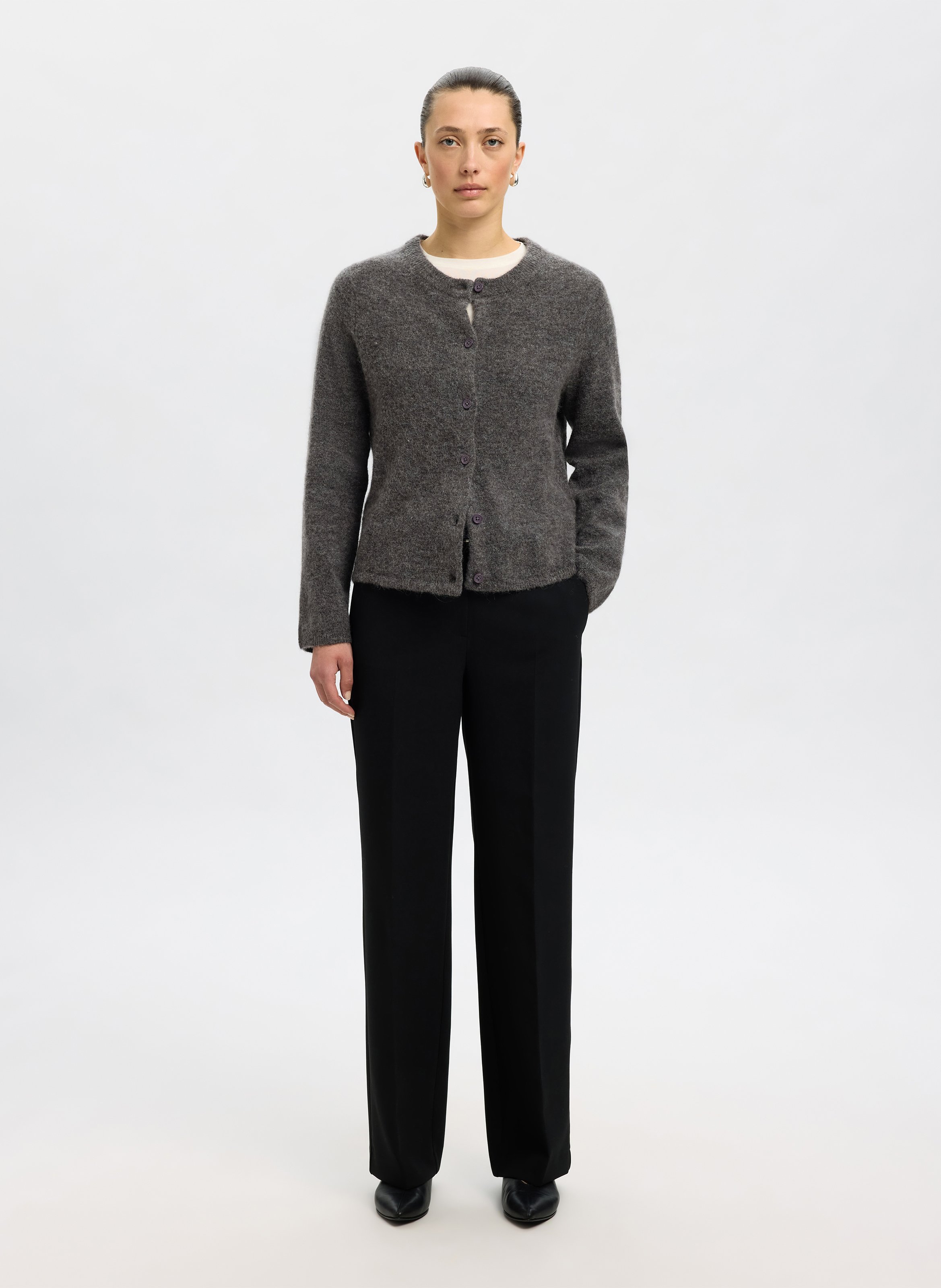 Strickjacke aus Woll-Mix mit Rundhalsausschnitt SELECTED Grau