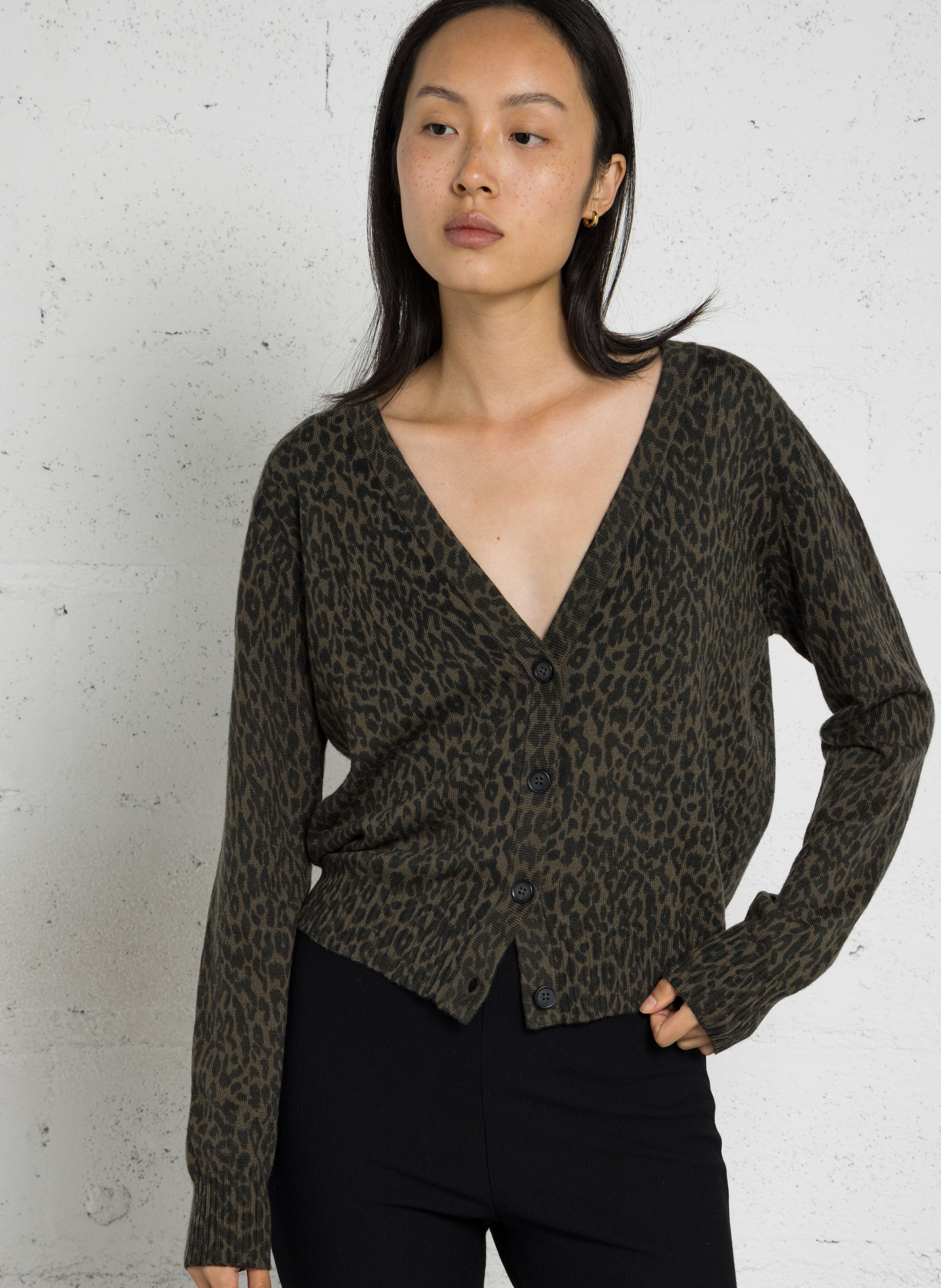 Straight printed wool blend cardigan LEON & HARPER Khaki