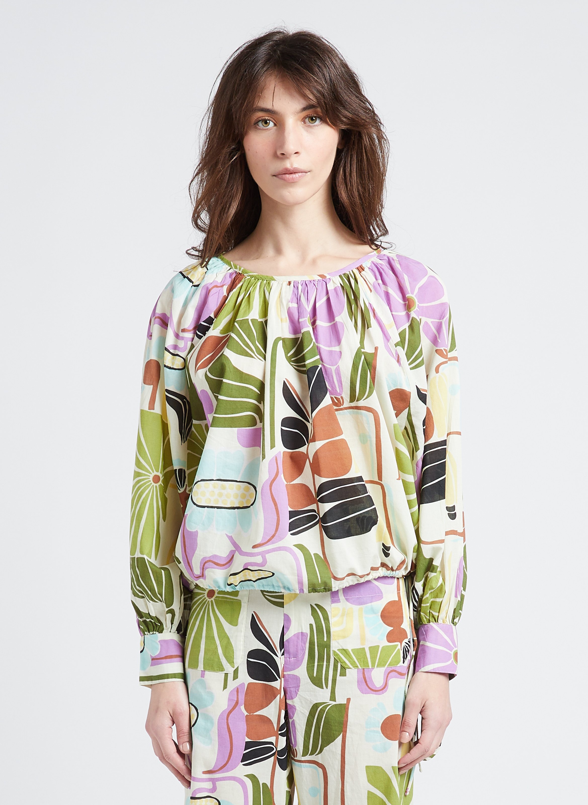 Loose-fit printed cotton boat-neck blouse BELLEPIECE Multicolored
