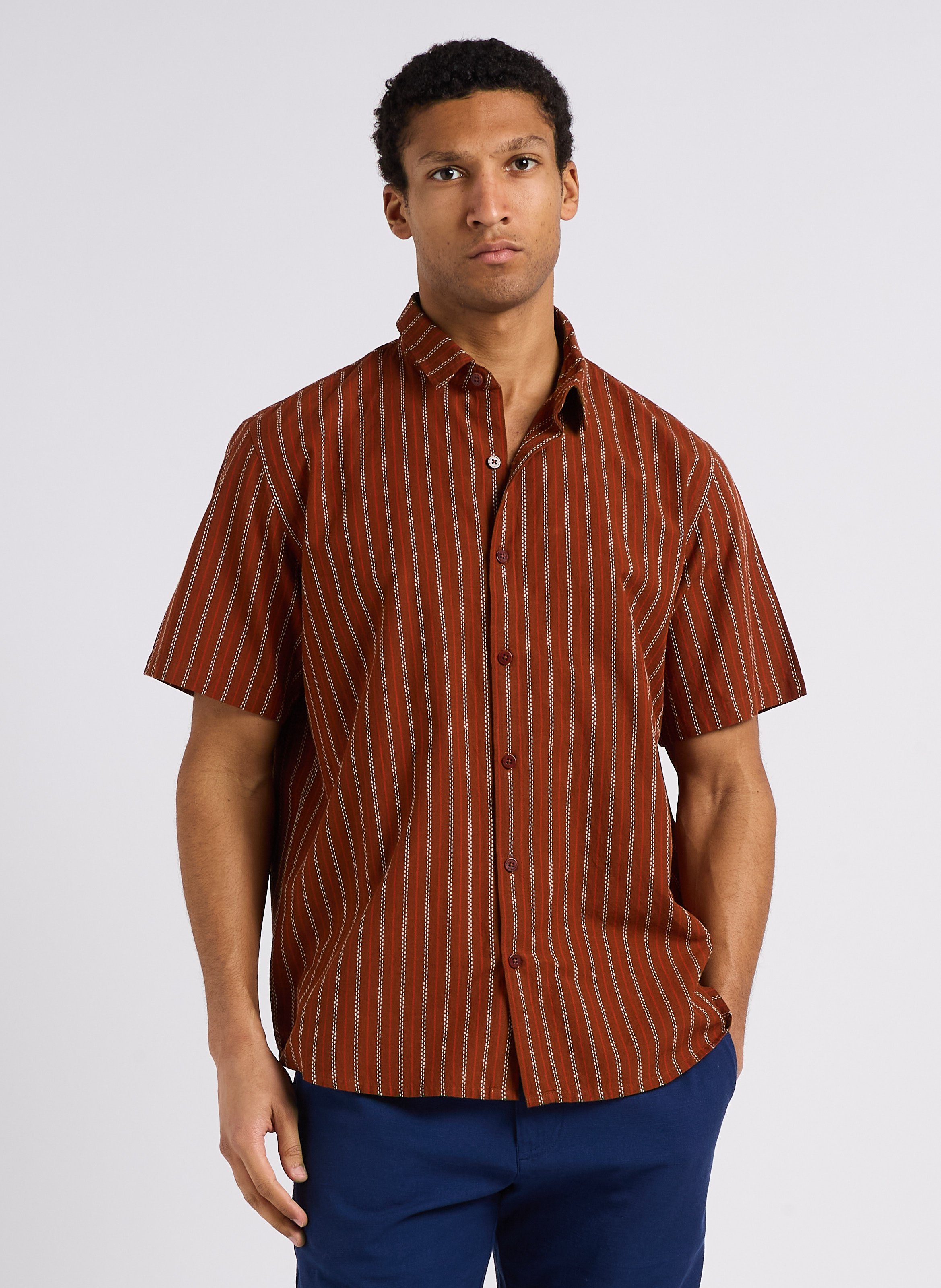 Striped organic cotton shirt with classic collar THINKING MU Brown
