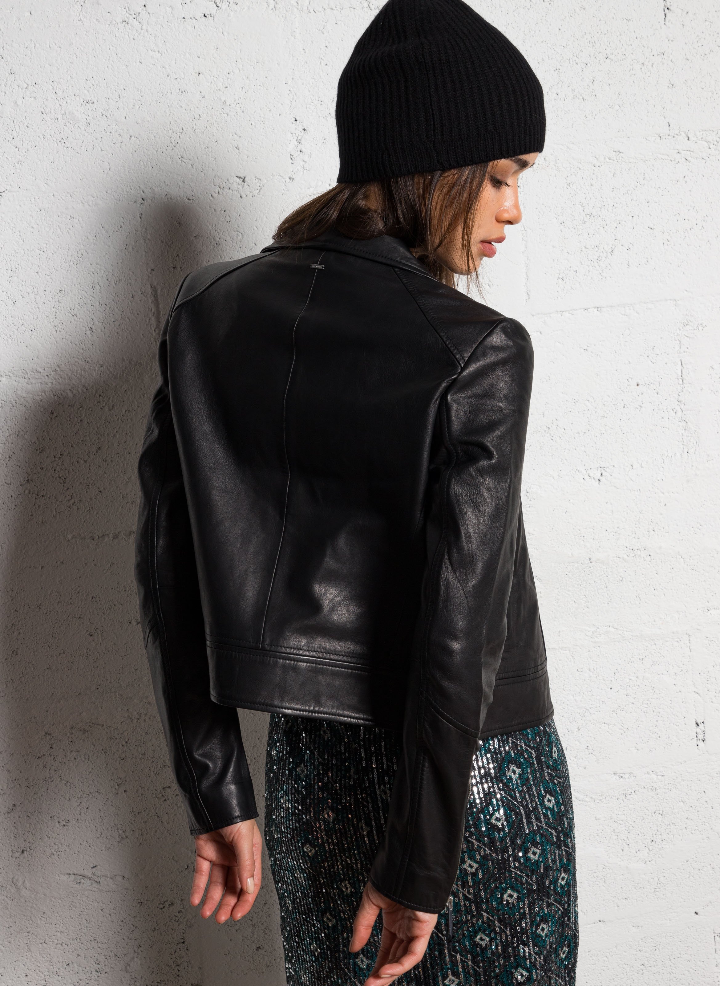 Blouson court zippé en cuir d'agneau IKKS Noir