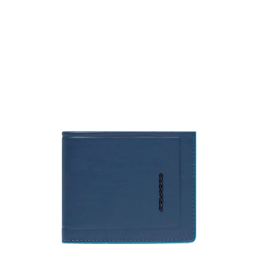 Men's wallet with coin pocket, credit card slots, removable flap, and RFID protection PIQUADRO Blue