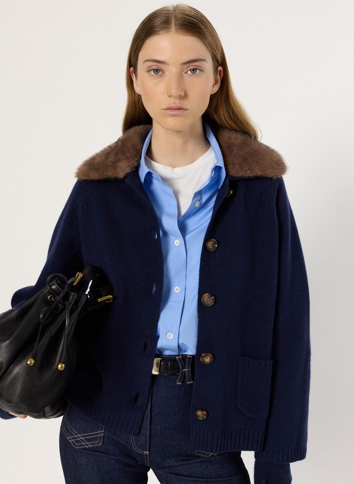 Gilet col effet fourrure en cachemire GERARD DAREL Bleu