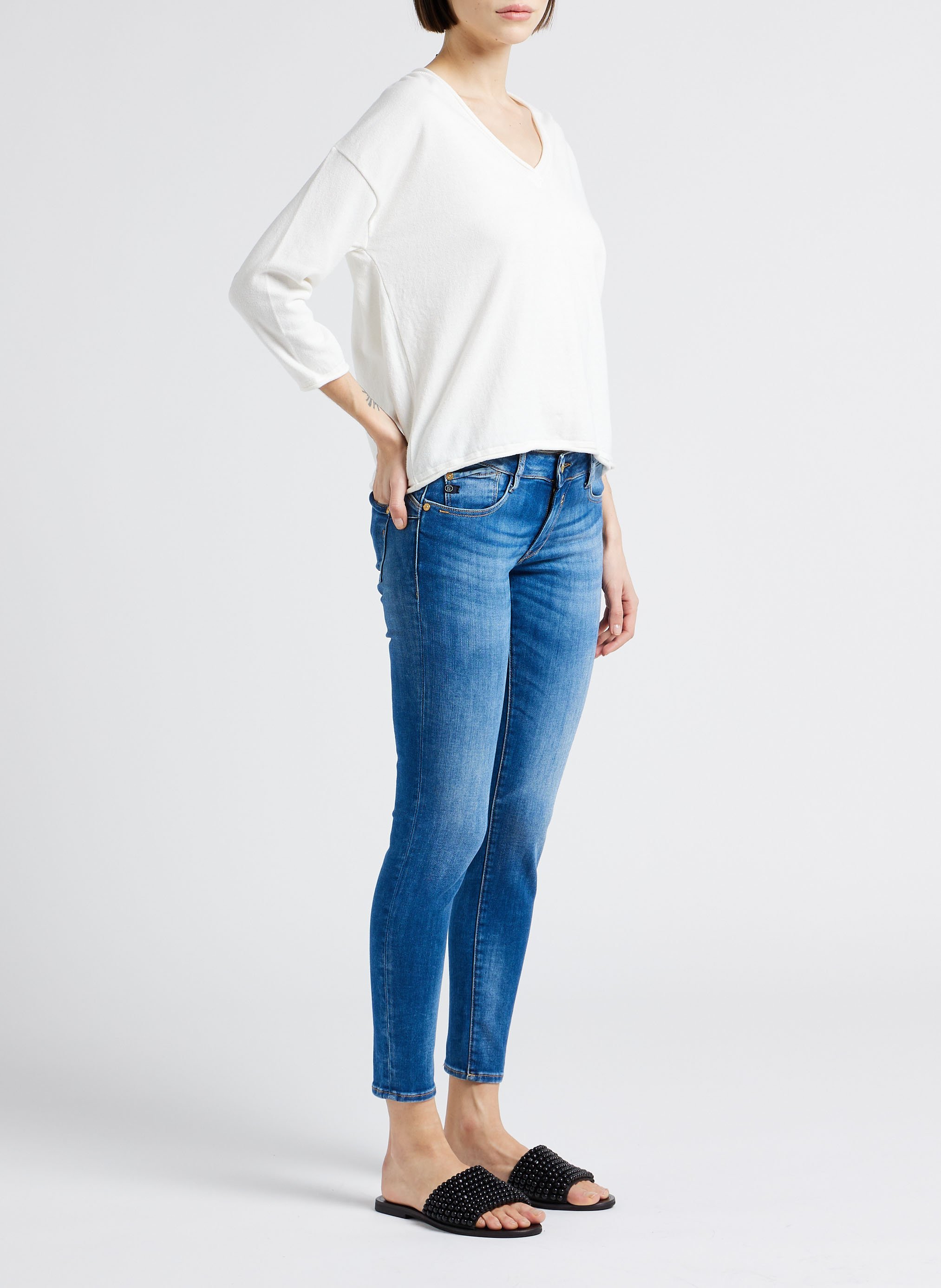 Pull col V évasé en coton ONE STEP Blanc