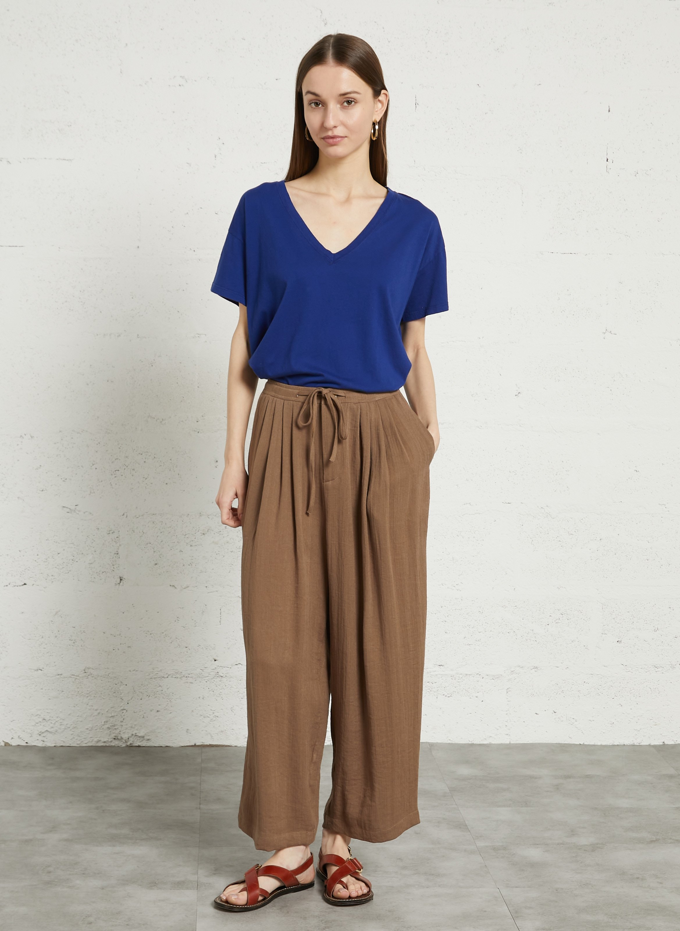 T-shirt met korte mouwen en V-hals uni MAJESTIC FILATURES Blauw