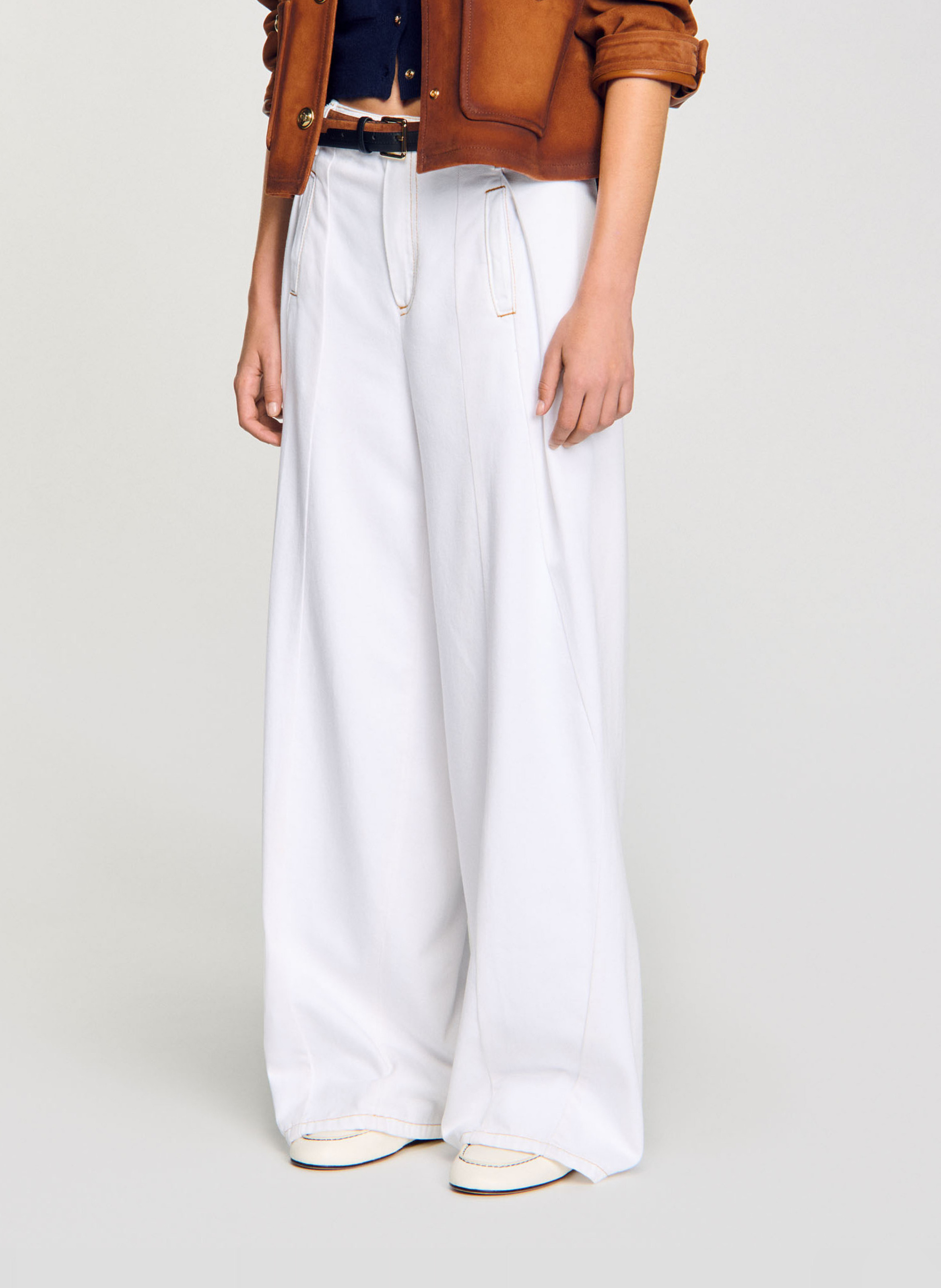 Wide topstitched cotton jeans SANDRO White