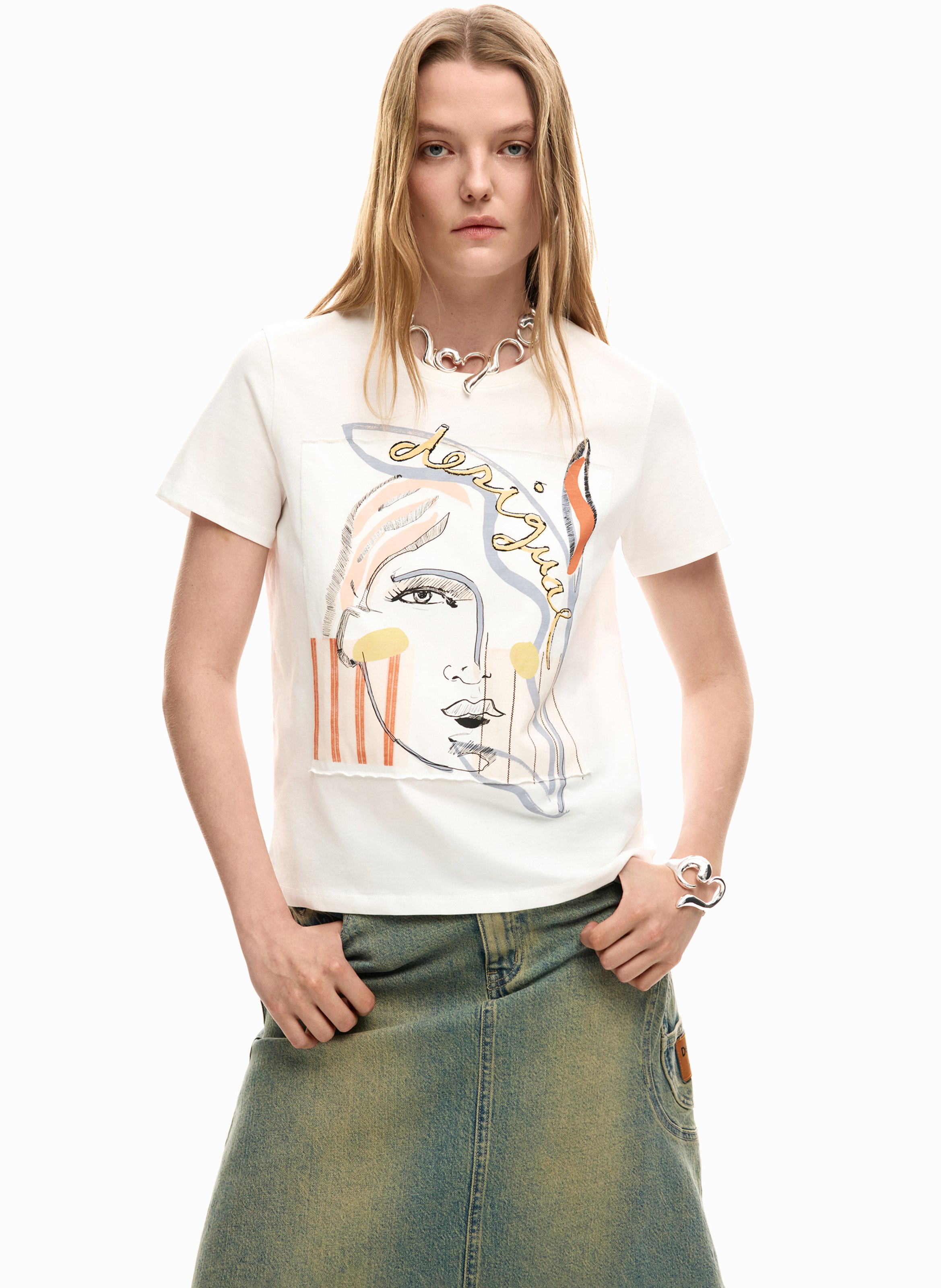 Tee-shirt col rond en cootn DESIGUAL Blanc