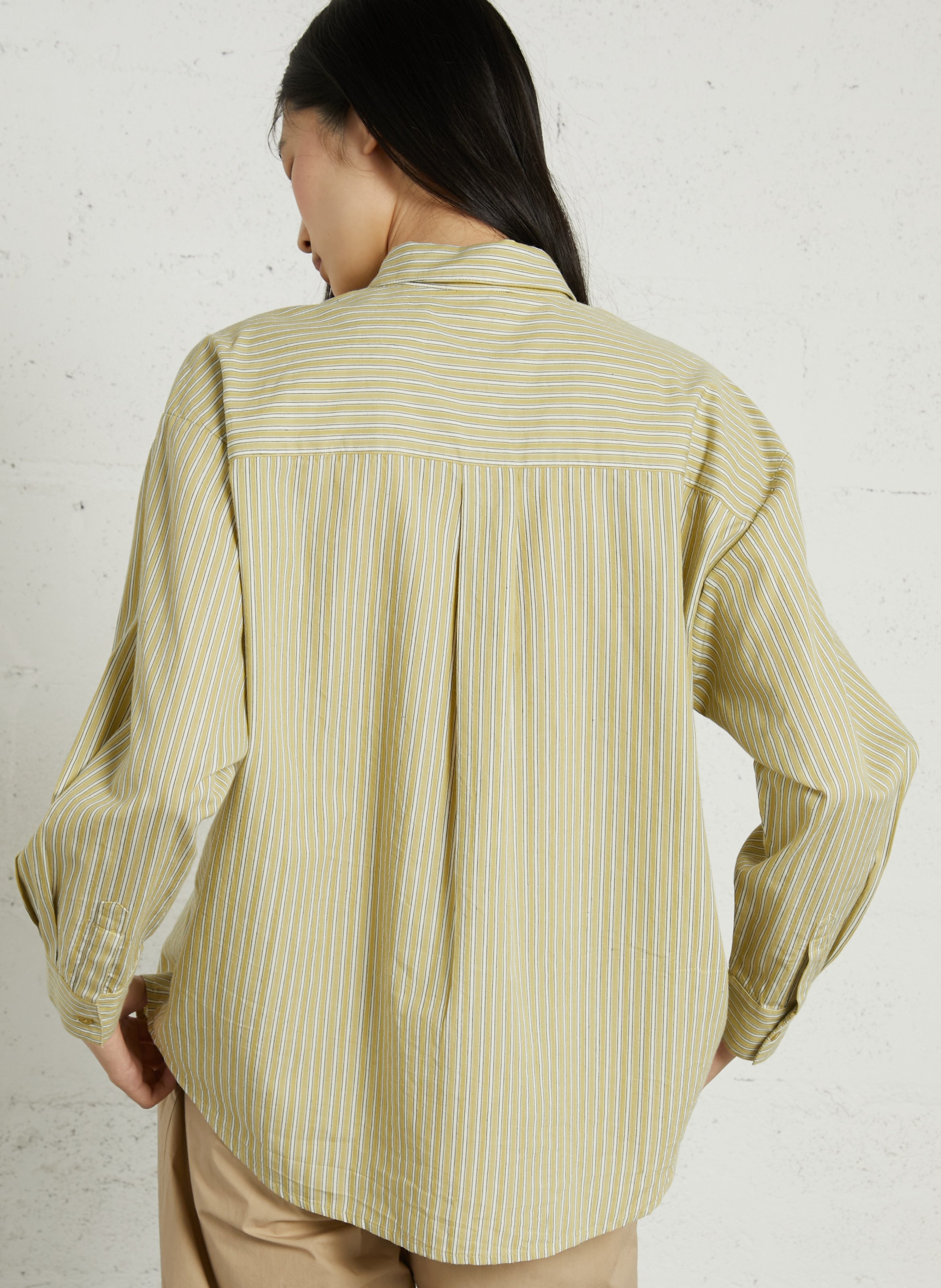 Ruimvallende, gestreepte, katoenen blouse met klassieke kraag PETITE MENDIGOTE Groen