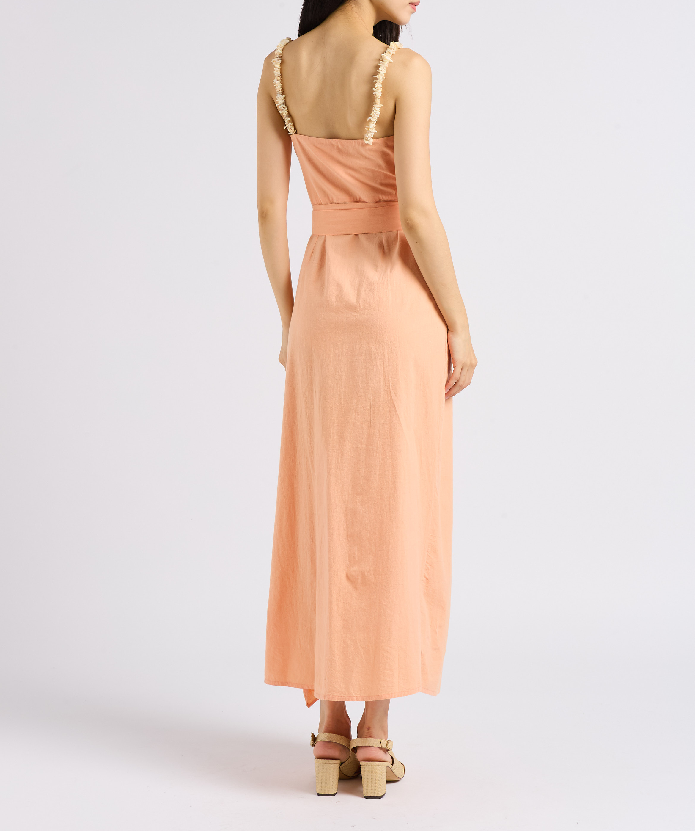 Long flounced dress with belt and seashells SUNDRESS Beige