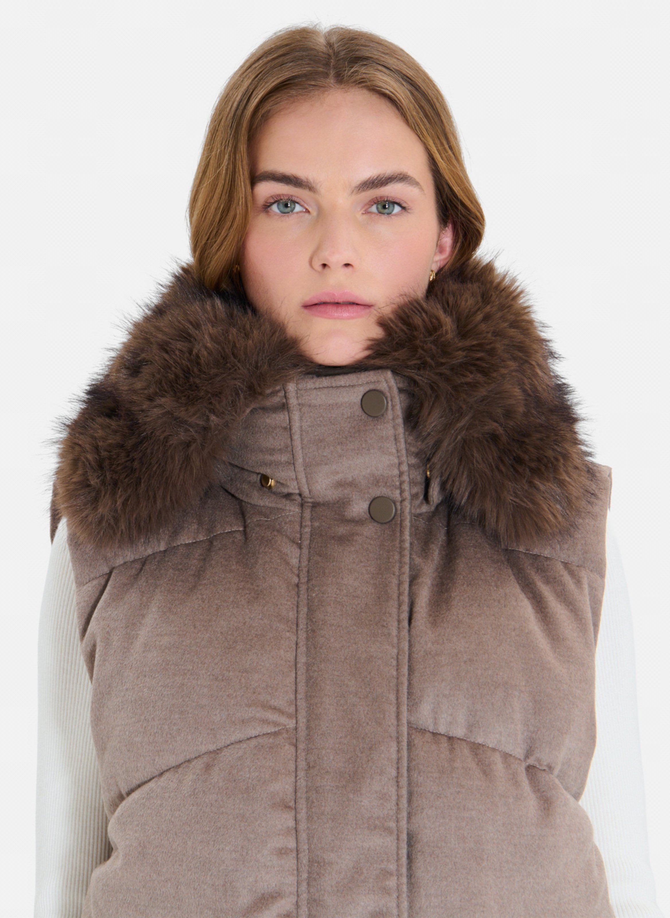 Straight sleeveless down jacket in a wool blend ZAPA Brown