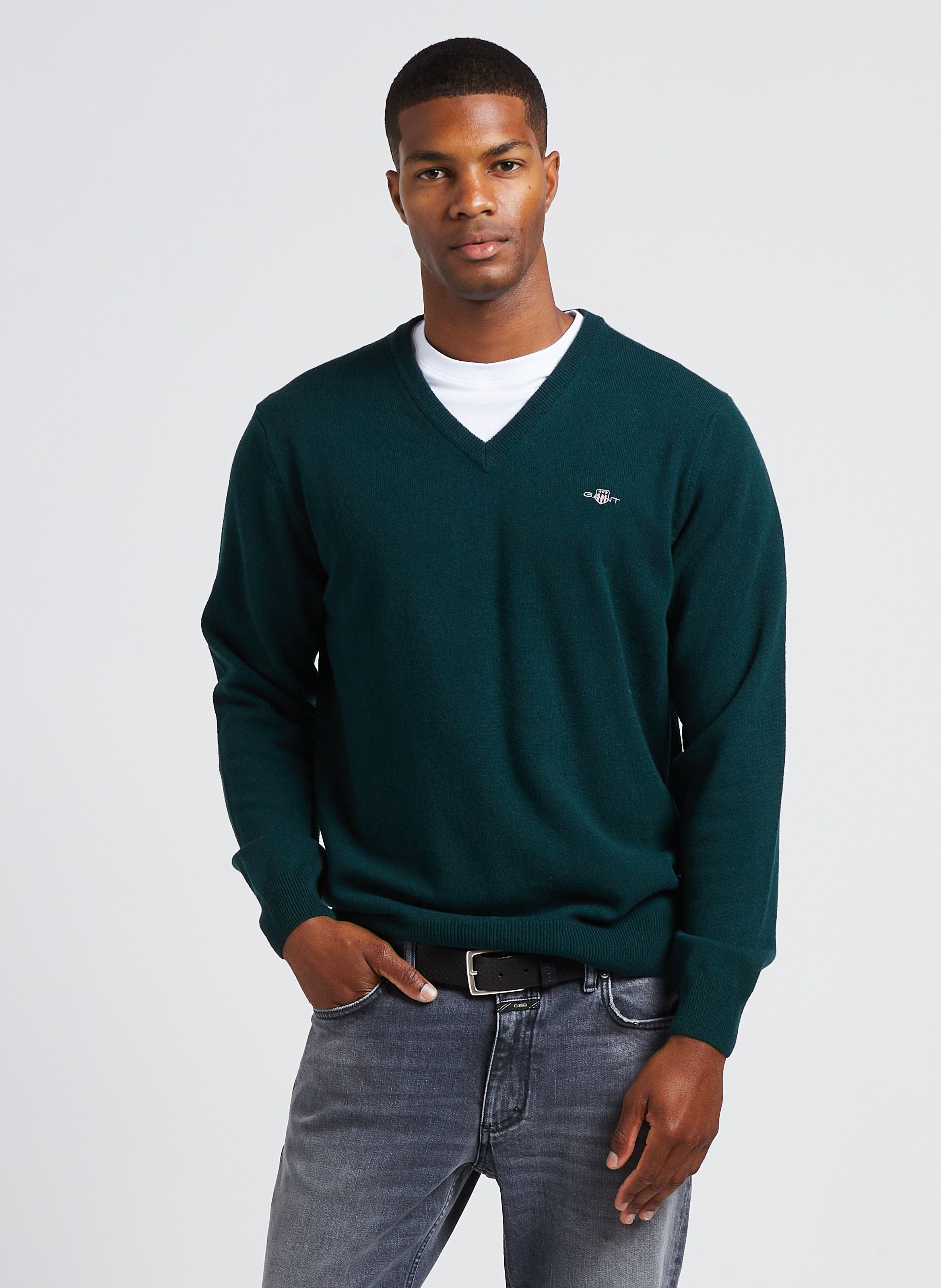 Pull col discount v vert homme