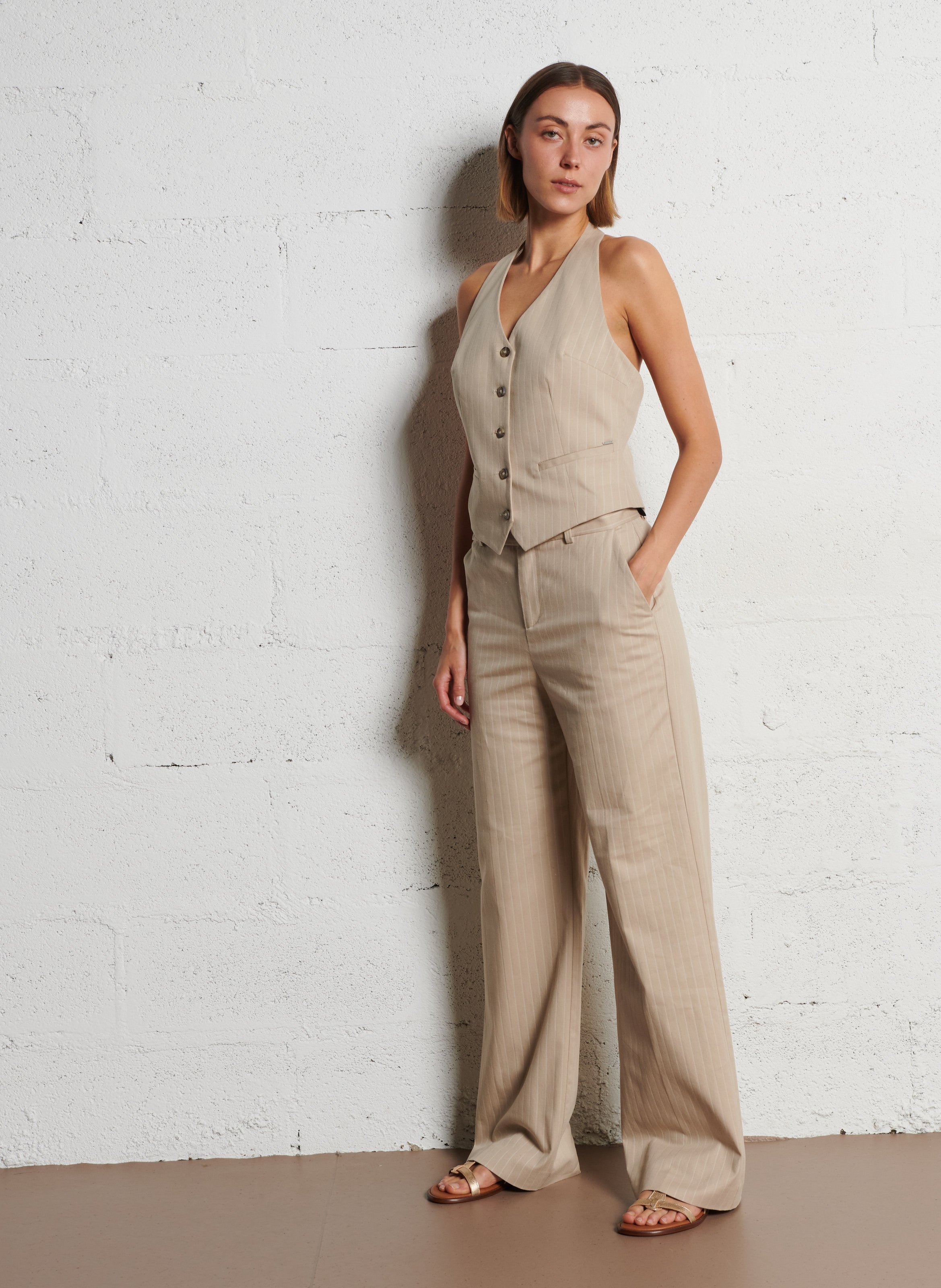 Striped blended cotton suit vest IKKS Beige